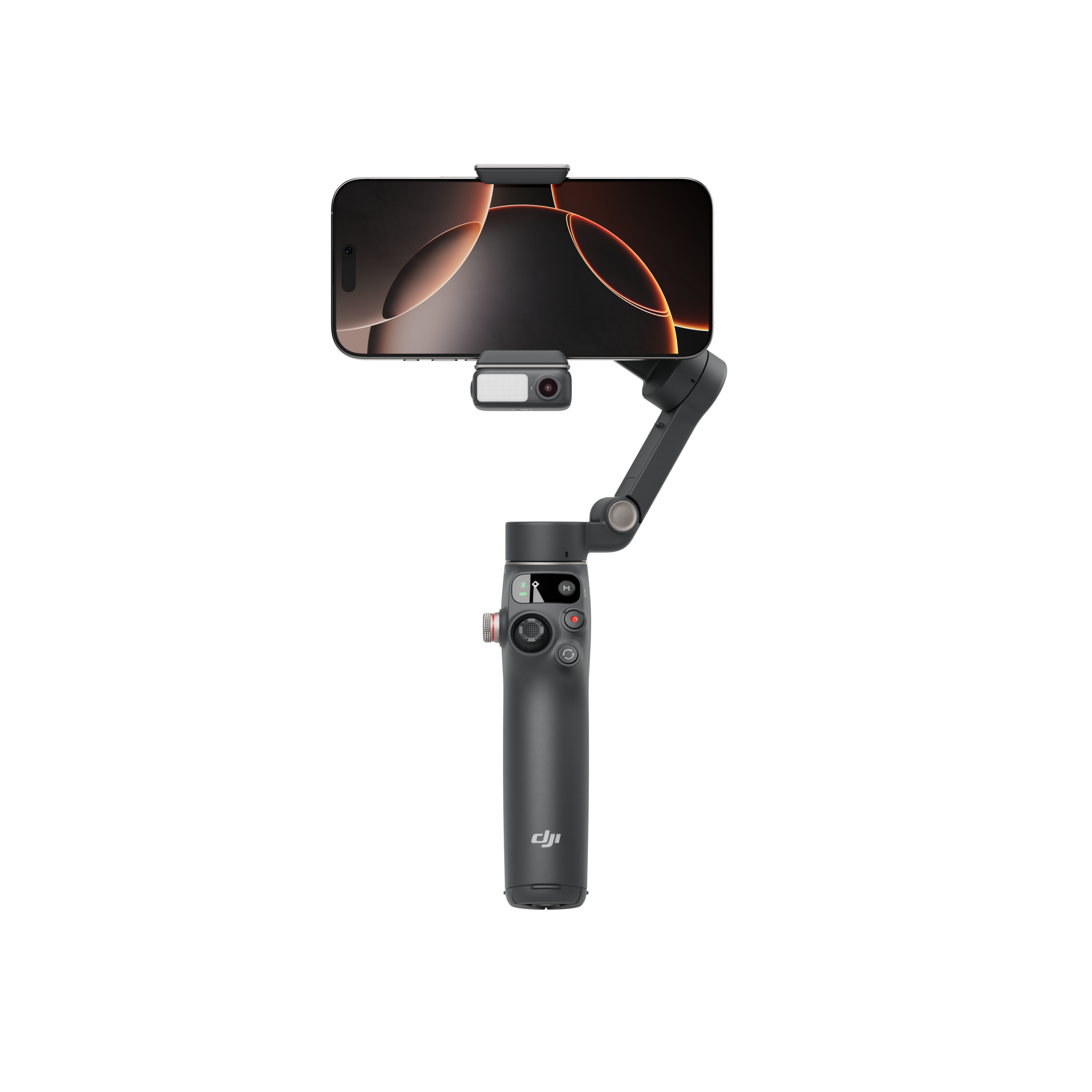 Schwarzes DJI Osmo Mobile Gimbal, das ein Smartphone mit leuchtend orangefarbenem Bildschirm hält.