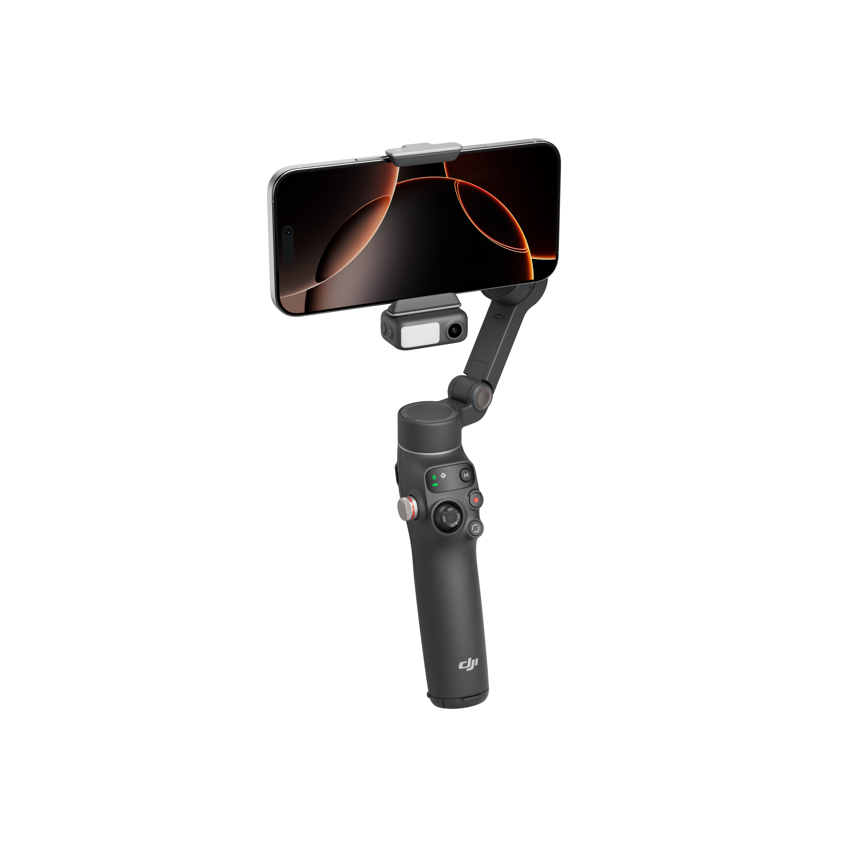 Schwarzer Handheld-Gimbal mit einem Telefon. Das Telefon zeigt ein dunkelorangenes und schwarzes Bild.