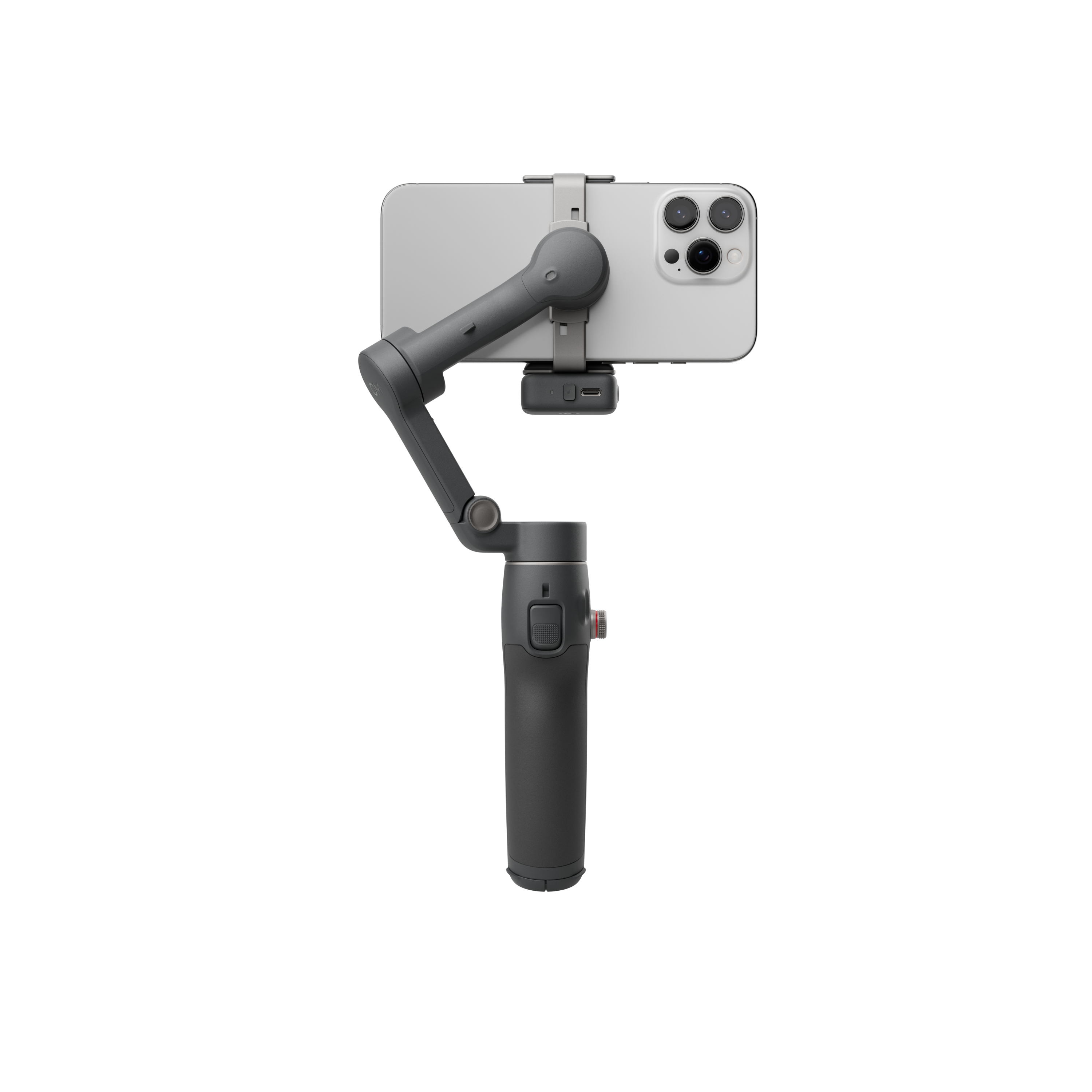Schwarzes Smartphone mit Gimbal auf Stativ.