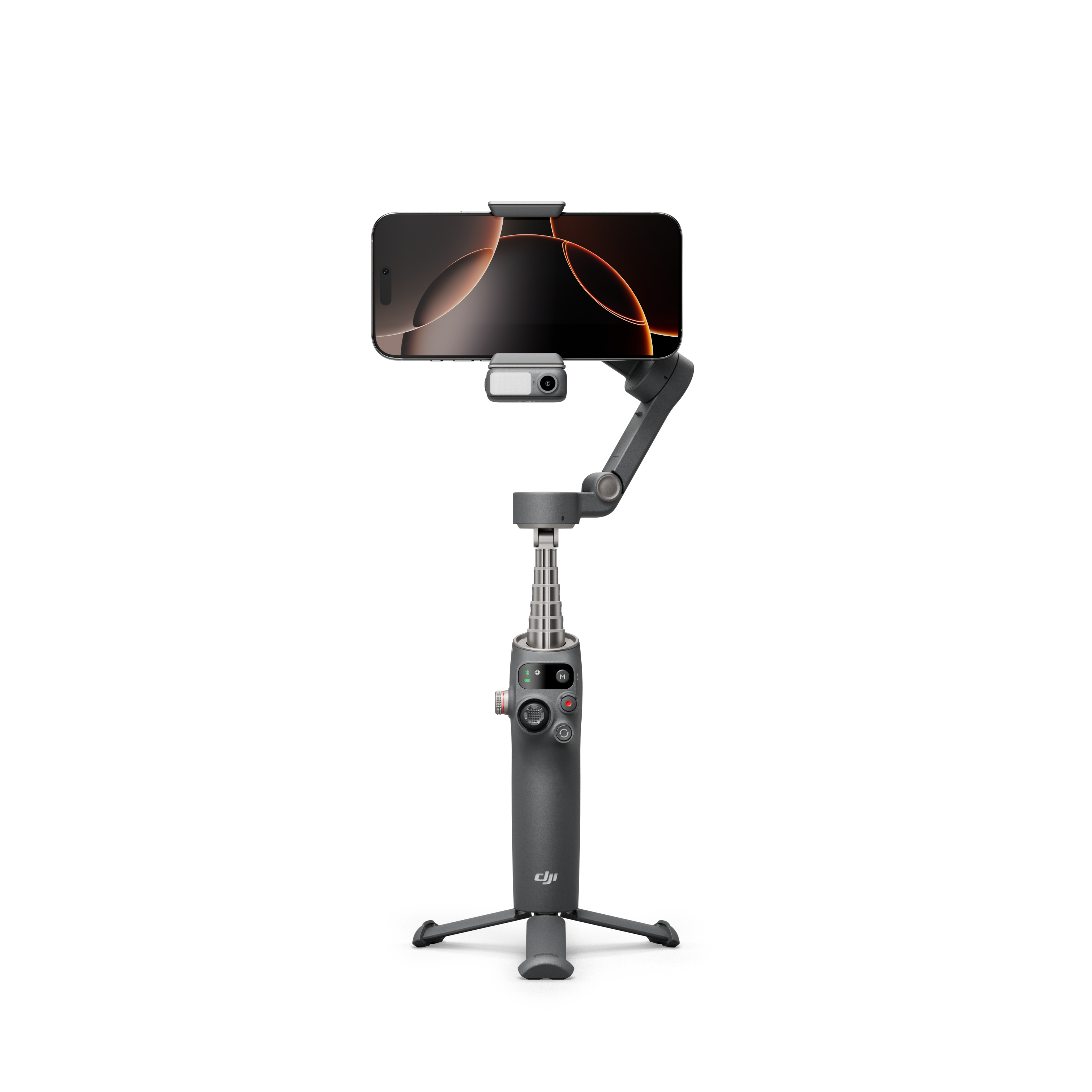 Schwarzes Smartphone mit Gimbal und Stativ.
