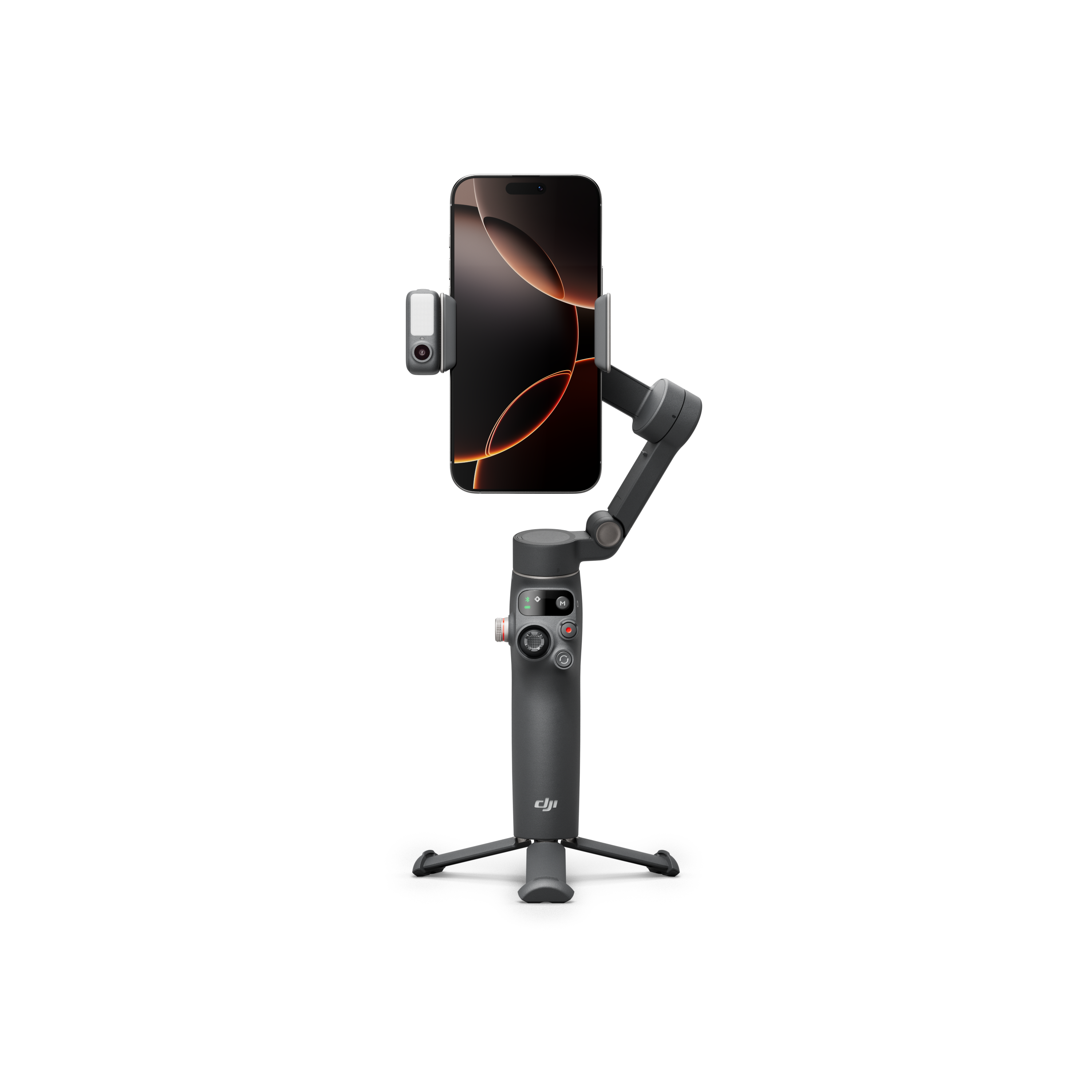 Ein schwarzer DJI OM5 Mobiltelefon-Stabilisator mit angeschlossenem Telefon.
