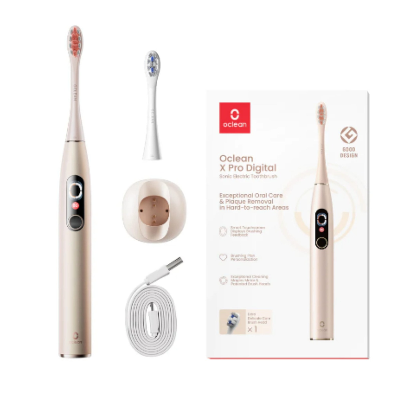 Oclean X Pro Digital diş fırçası seti, aksesuarlar ve kutu ile birlikte.