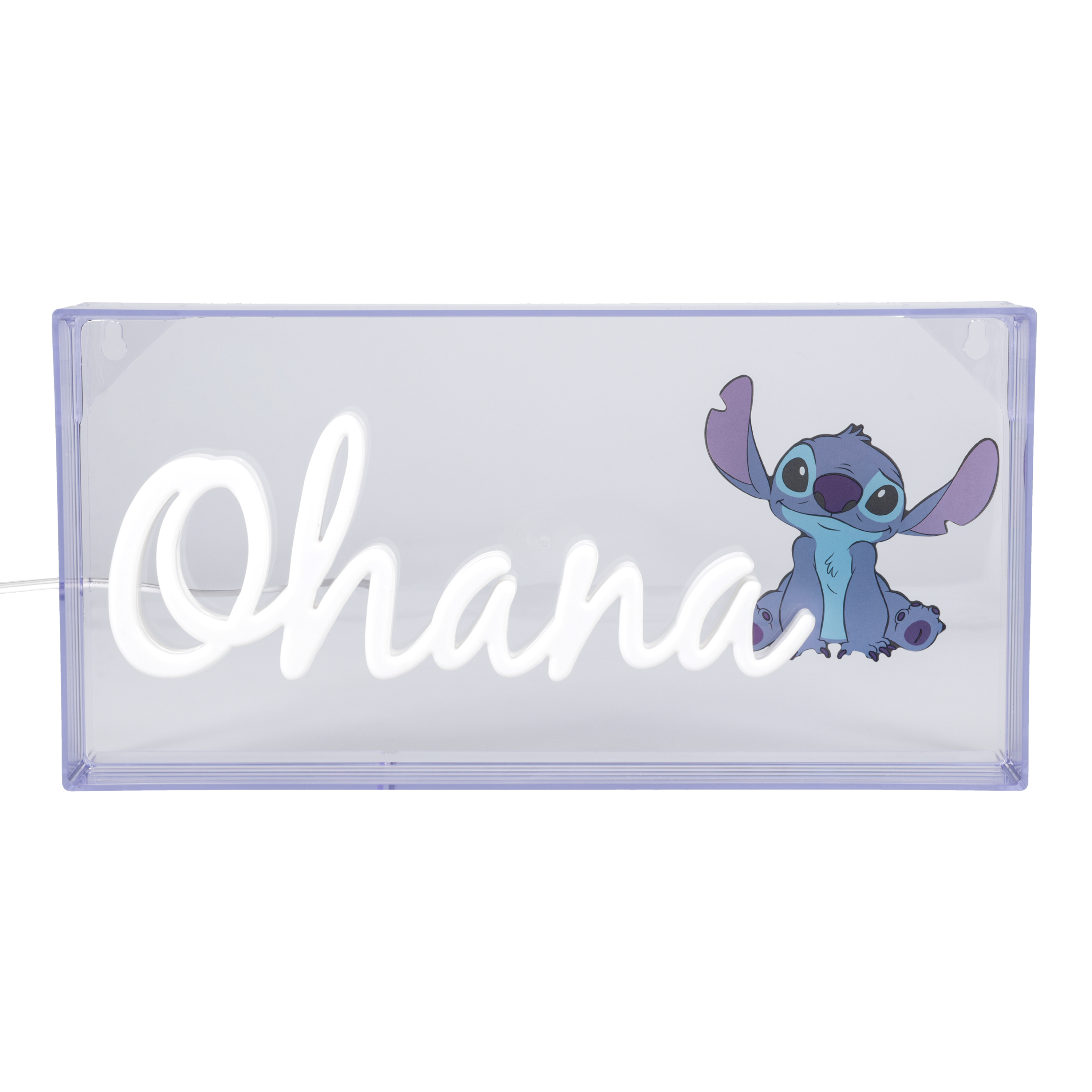 Ein Leuchtschild mit Ohana Schriftzug und Stitch von Lilo & Stitch rechts.