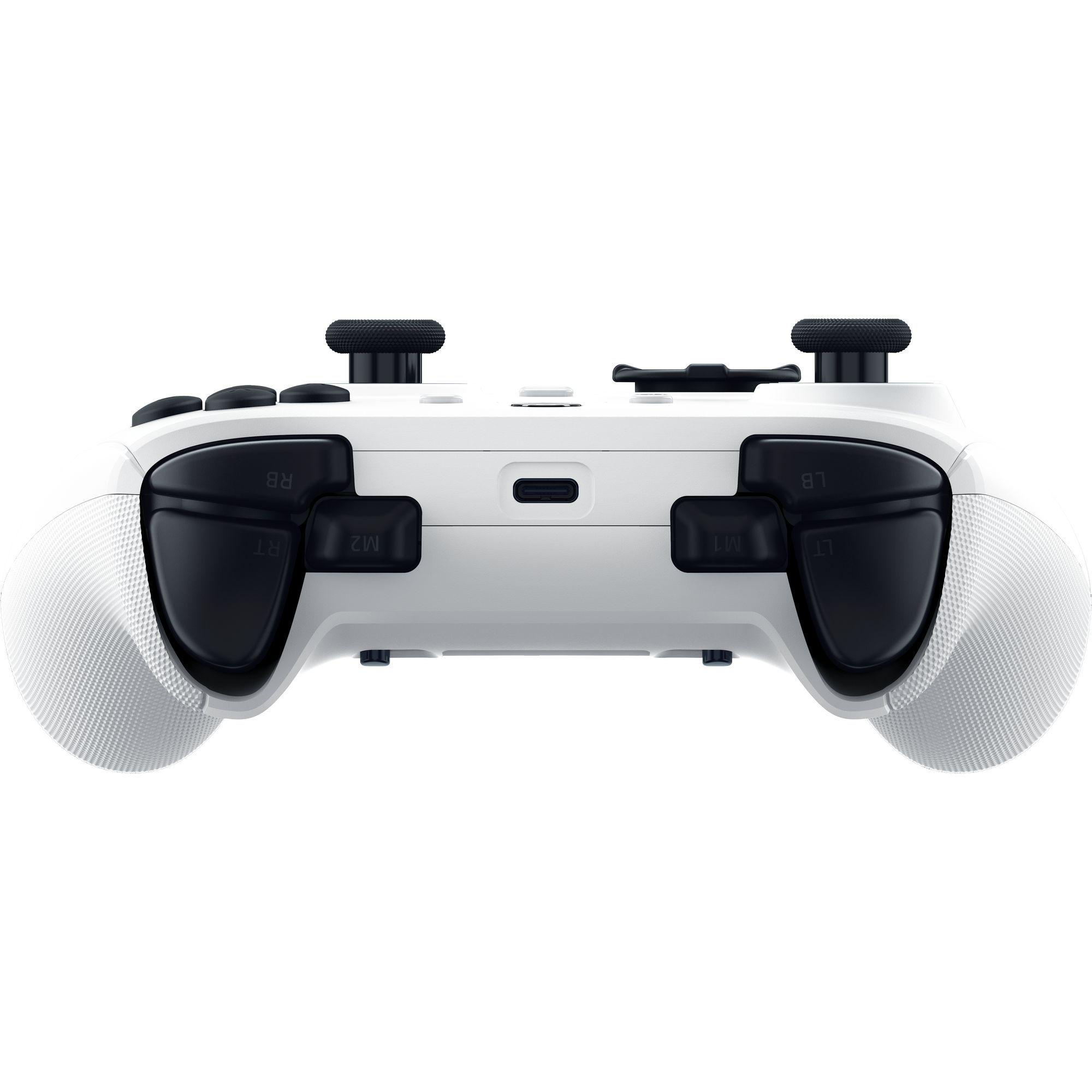 Weißer und schwarzer Gamecontroller mit Knöpfen und Joysticks, Draufsicht.