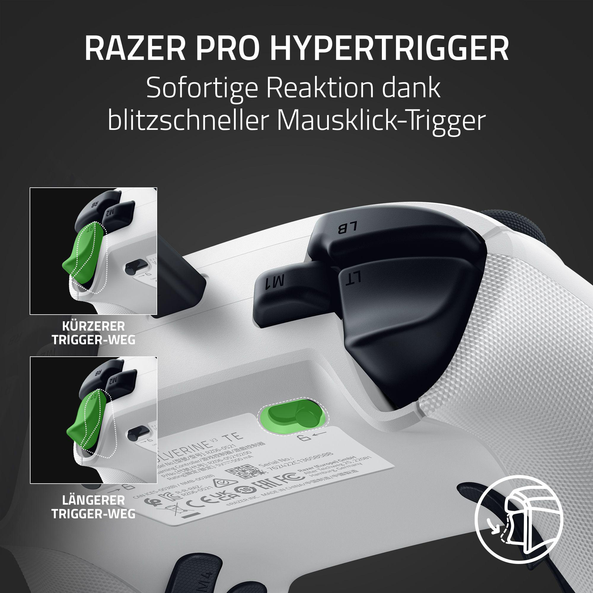 Weißer Gaming-Controller, mit grünen Knöpfen. Text auf Deutsch über Razer Hypertrigger.