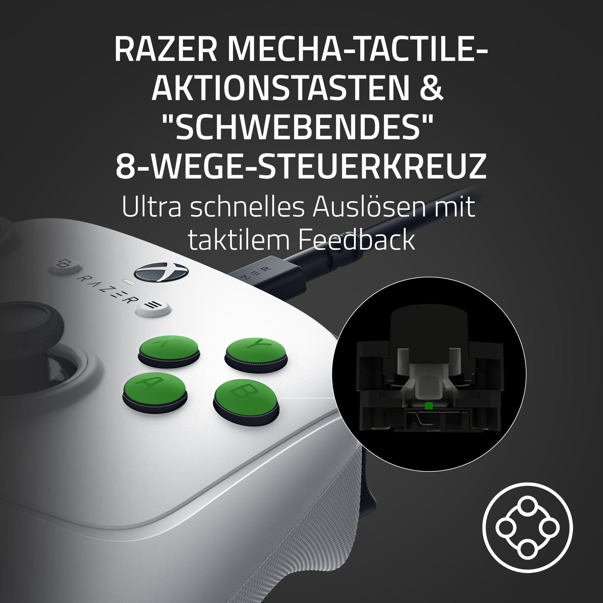 Ein weißer Gaming-Controller mit grünen Knöpfen und einem schwarzen Kabel. Nahaufnahme des Knopfs.