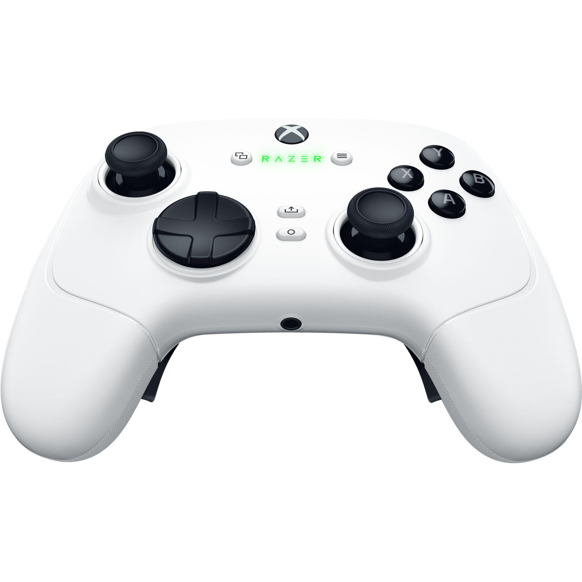 Weißer Razer Xbox Controller mit schwarzen Joysticks und Knöpfen.