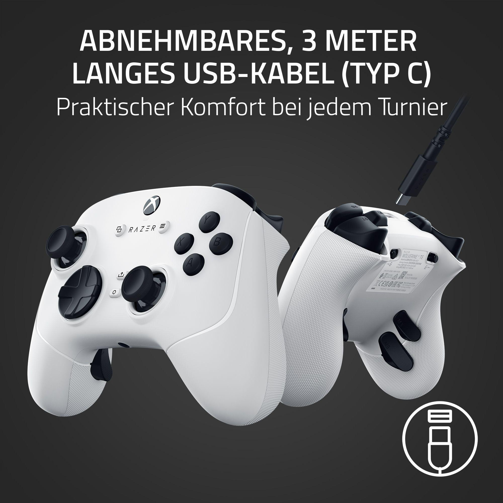 Weißer Xbox-Controller mit schwarzen Knöpfen und Joysticks, USB-C-Kabel. Text: Abnehmbares USB-C-Kabel. Praktischer Komfort.