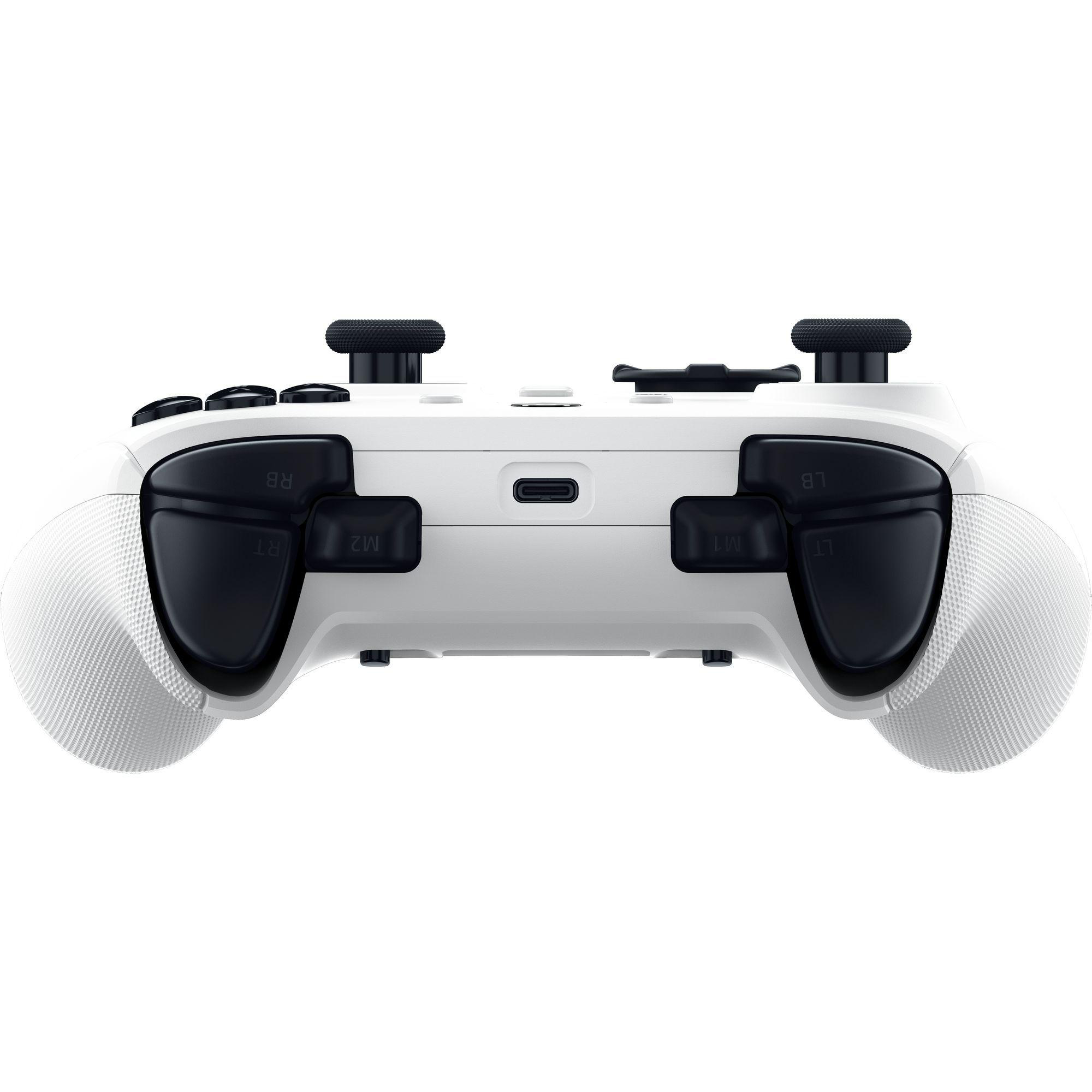 Weißer Gamecontroller, von unten gesehen. Er hat schwarze Knöpfe und Trigger.