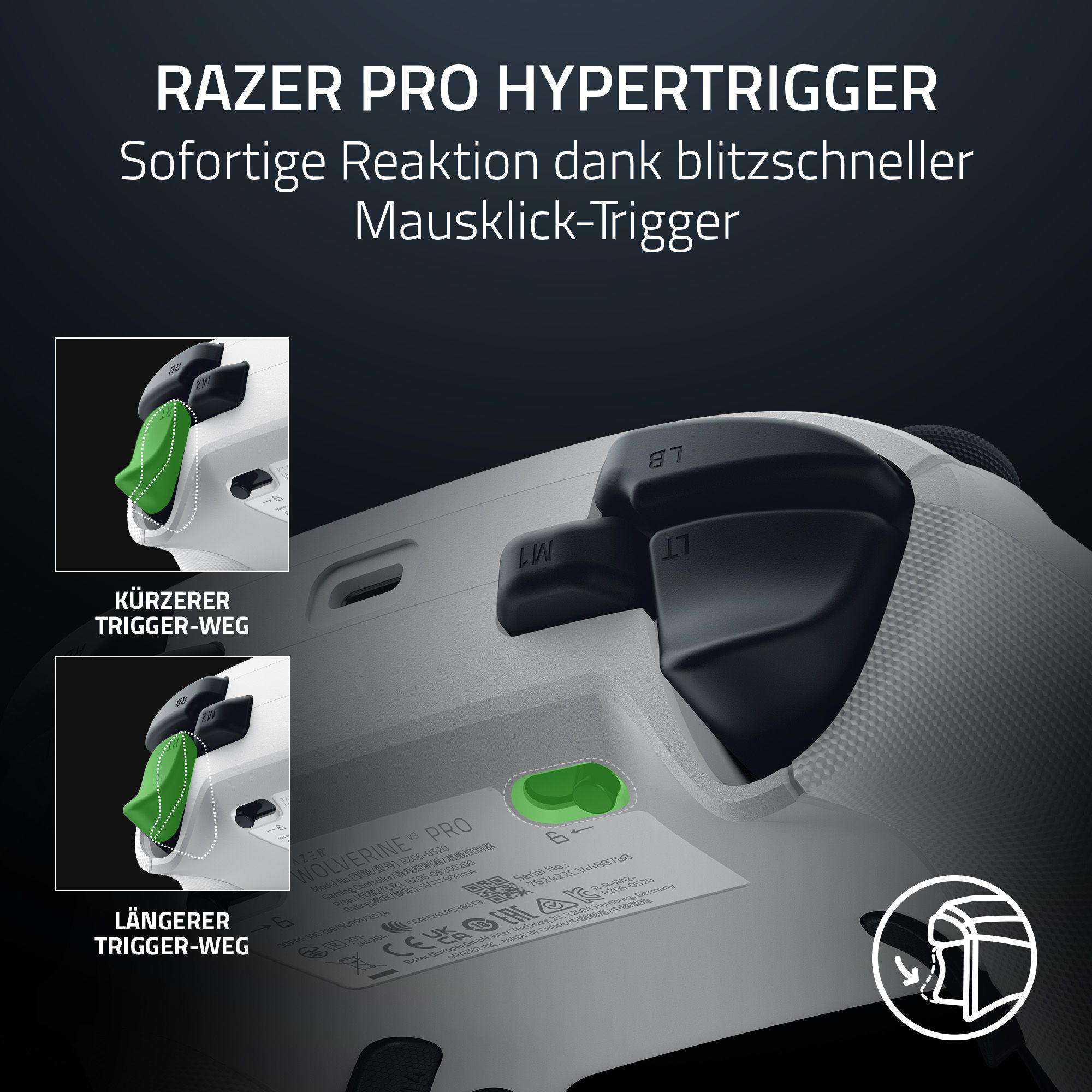 Ein Controller mit weißem Gehäuse, schwarzen Knöpfen und grünen Akzenten, mit Nahaufnahmen der Auslöser.