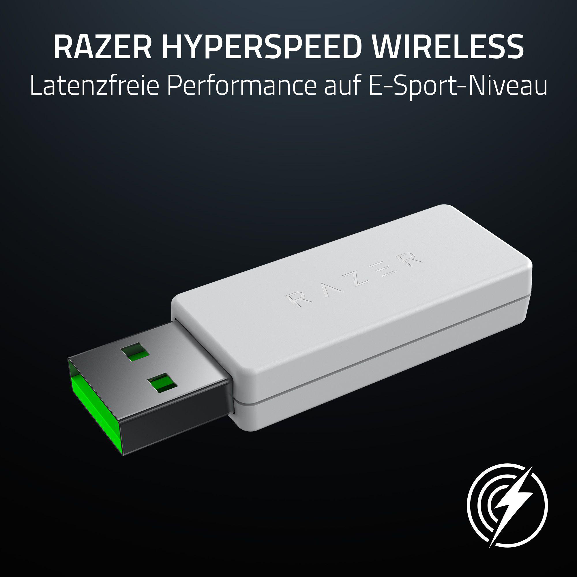 USB-Funkadapter mit Razer-Logo. Text: Razer HyperSpeed Wireless. Latenzfreie Leistung.