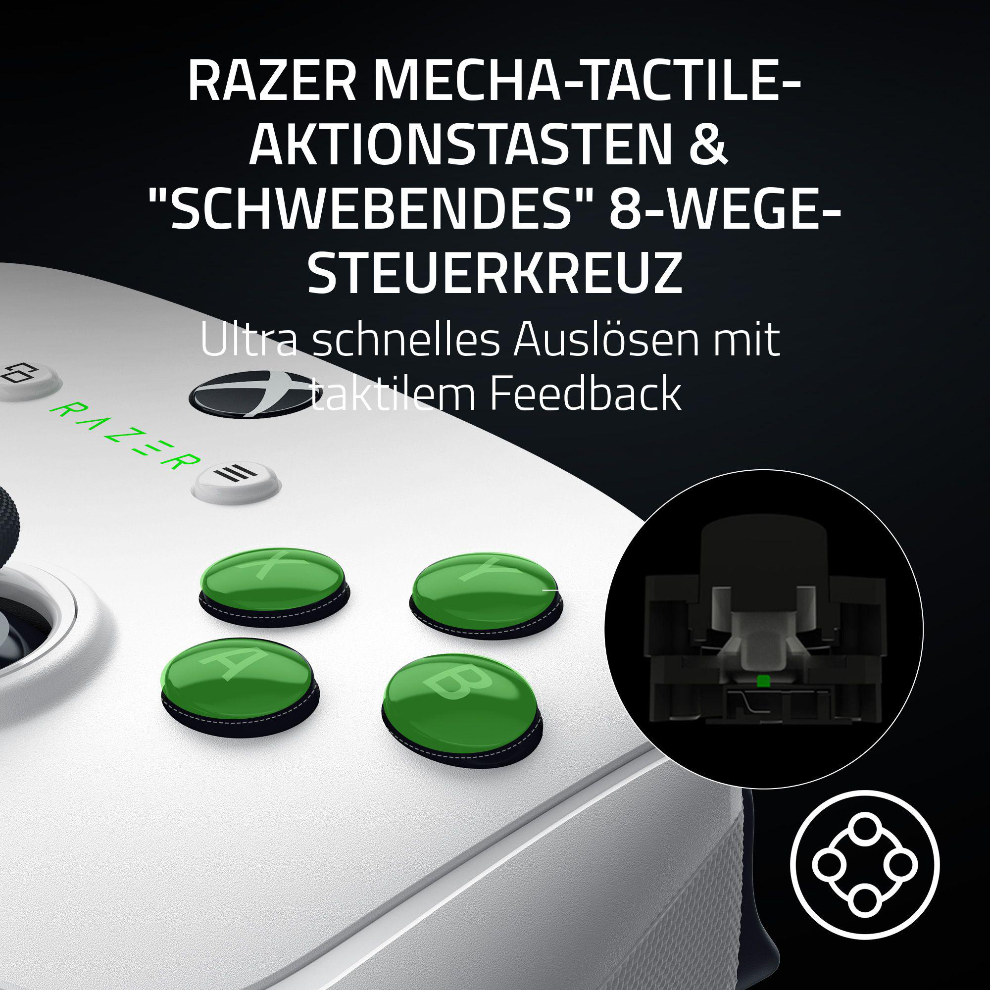 Nahaufnahme eines weißen und grünen Gamepads mit Tasten, mit detaillierter Ansicht des inneren Mechanismus.
