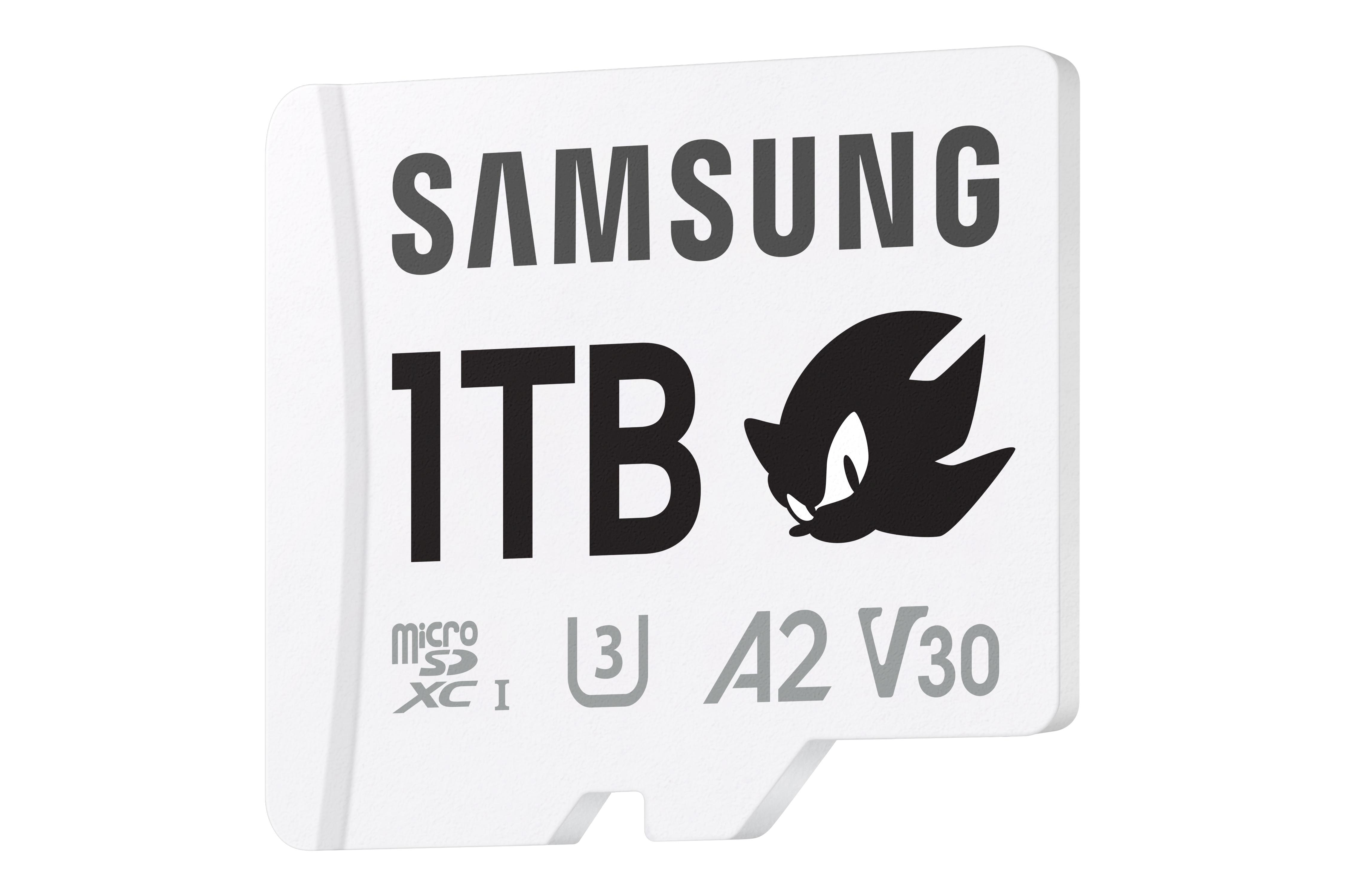 Eine weiße Samsung MicroSD-Karte mit Sonic the Hedgehog Grafik, beschriftet mit 1 TB, auf weißem Hintergrund.