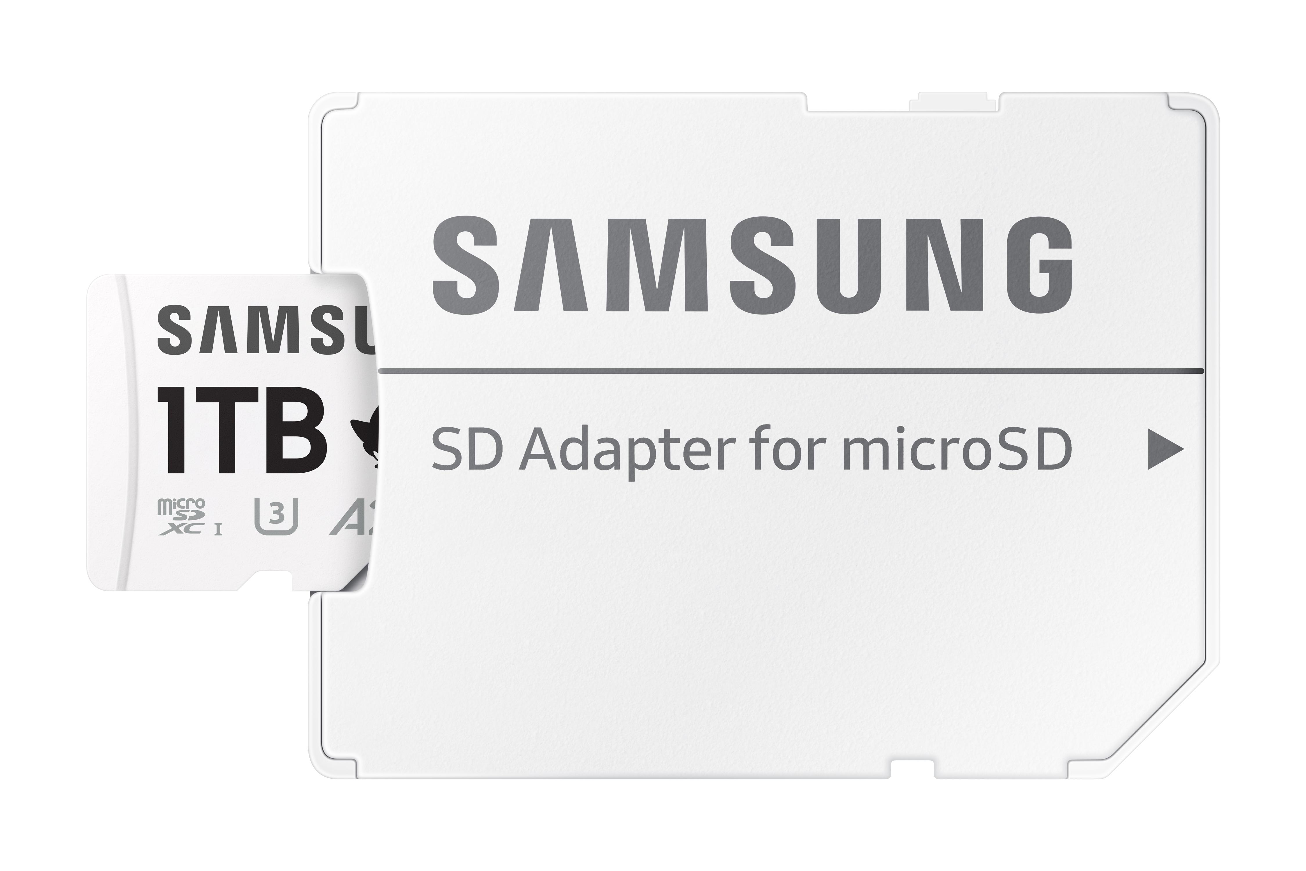 Weißer Samsung SD-Adapter mit einer eingelegten 1TB SD-Karte. Weißer Hintergrund.