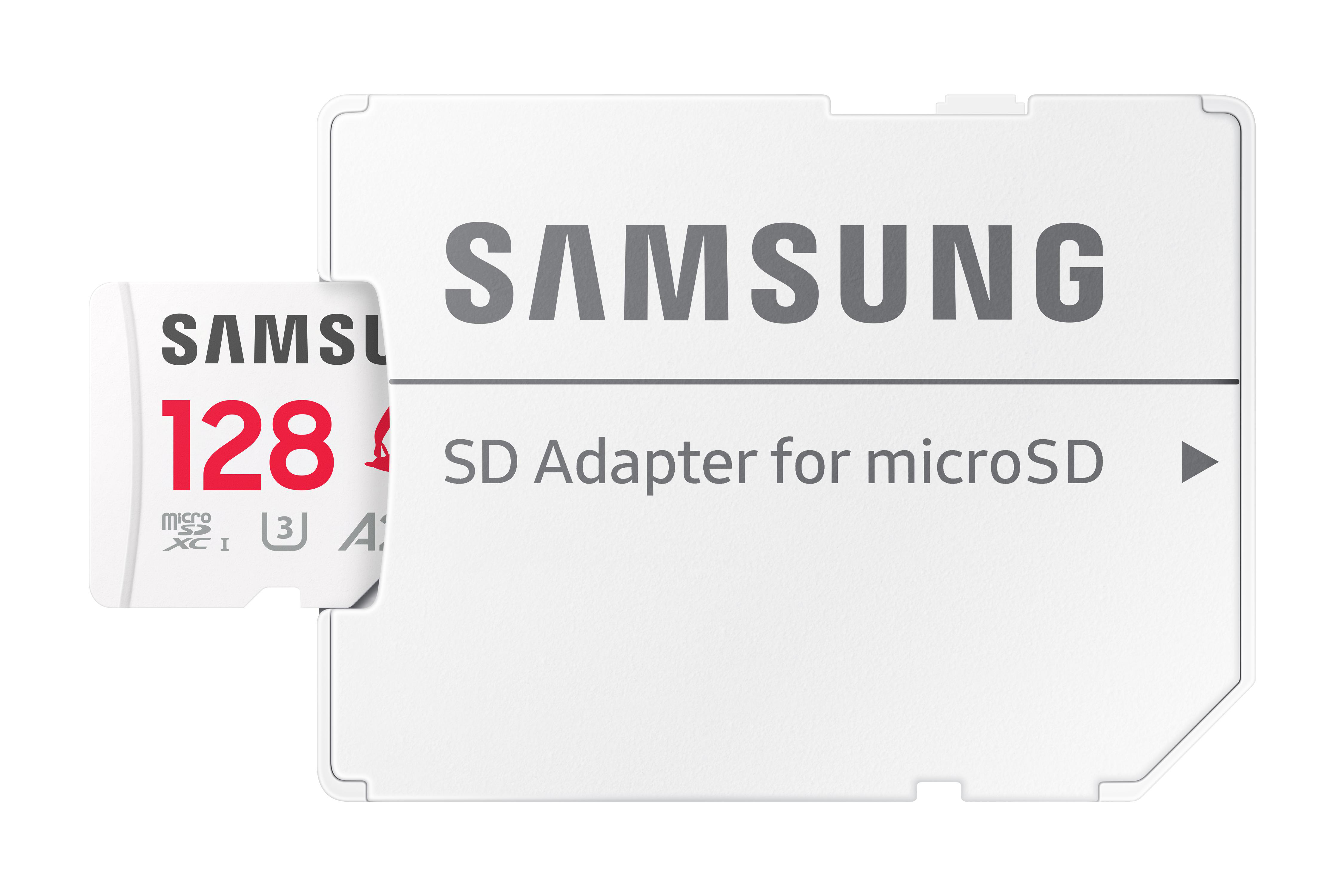 Weiße Samsung SD-Karte mit eingelegter MicroSD-Karte. Text: Samsung 128GB.