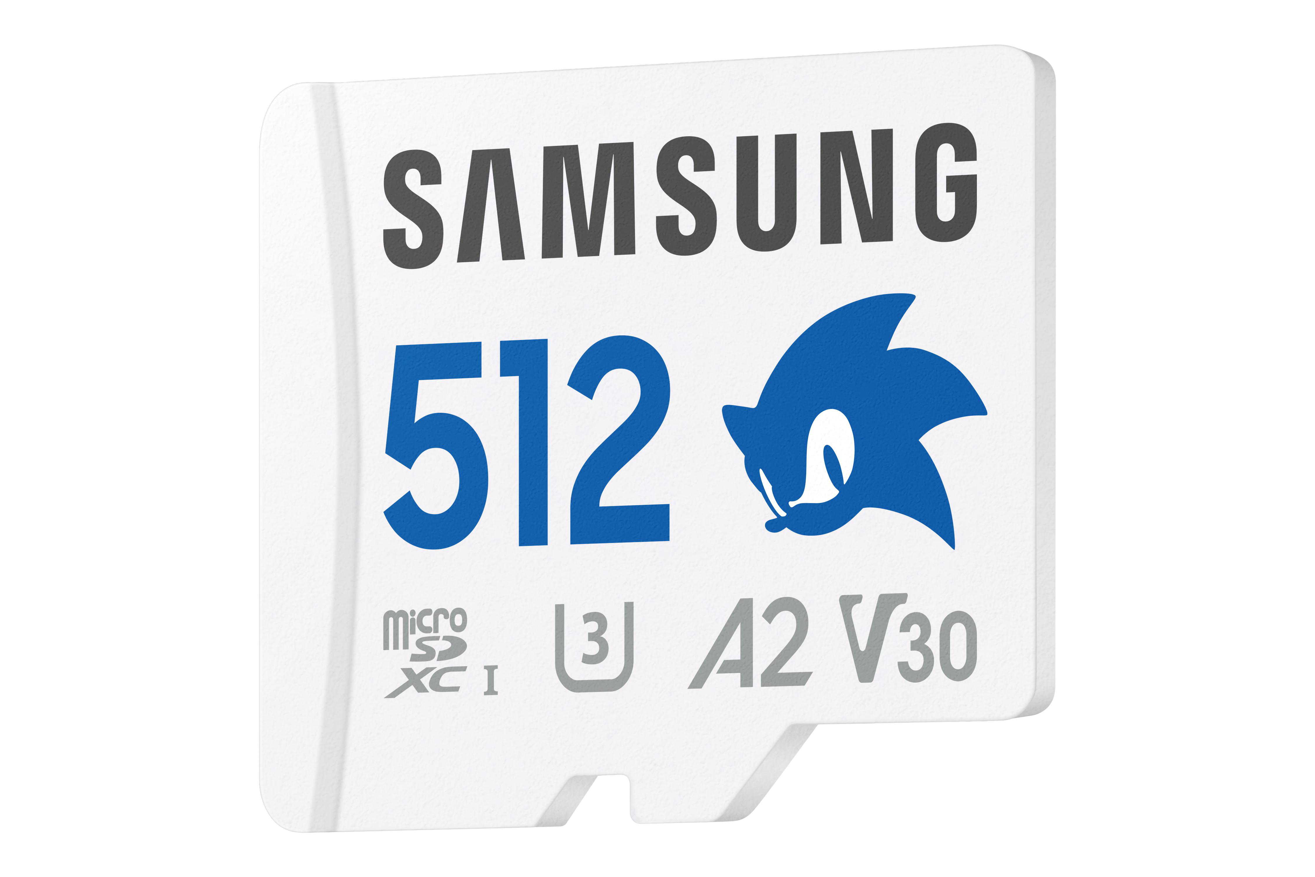 Weiße microSD-Karte mit 'SAMSUNG'-Logo, '512'-Nummer und blauem Sonic-the-Hedgehog-Bild.