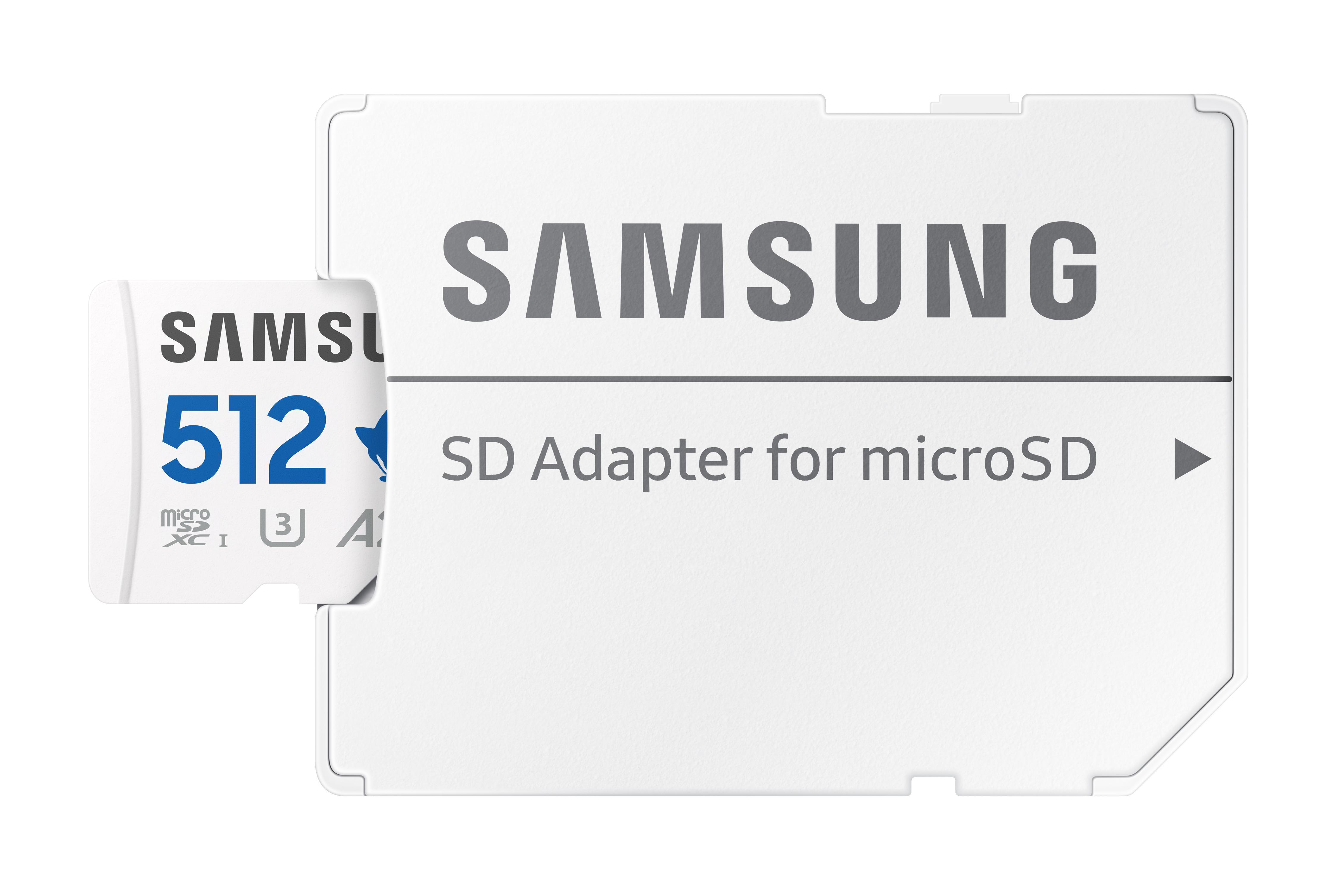 Ein weißer SD-Kartenadapter mit einer 512-GB-Micro-SD-Karte eingesetzt. Weißer Hintergrund.