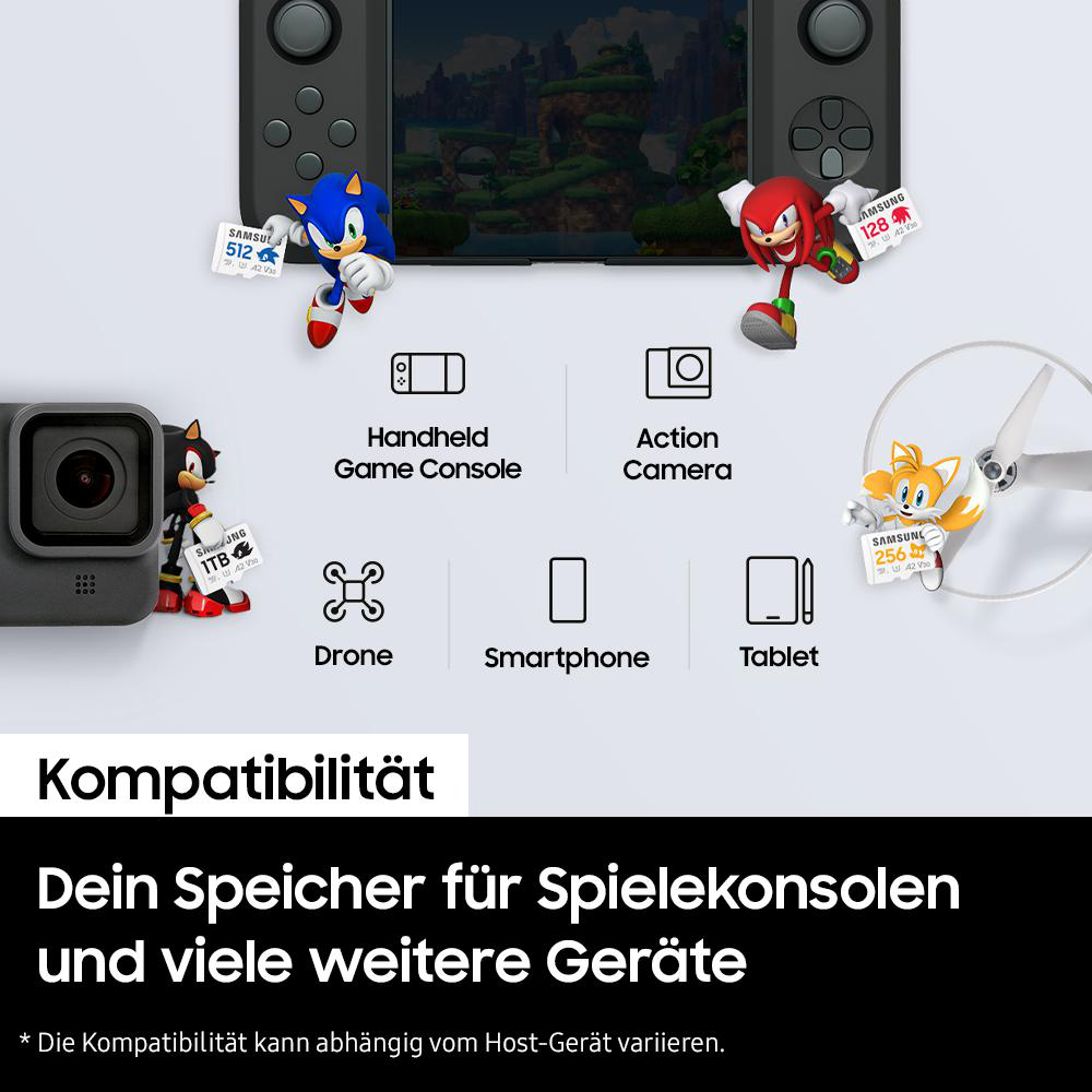 Figuren, Konsole und Karten mit Text. Hintergrund: Text und Logo.