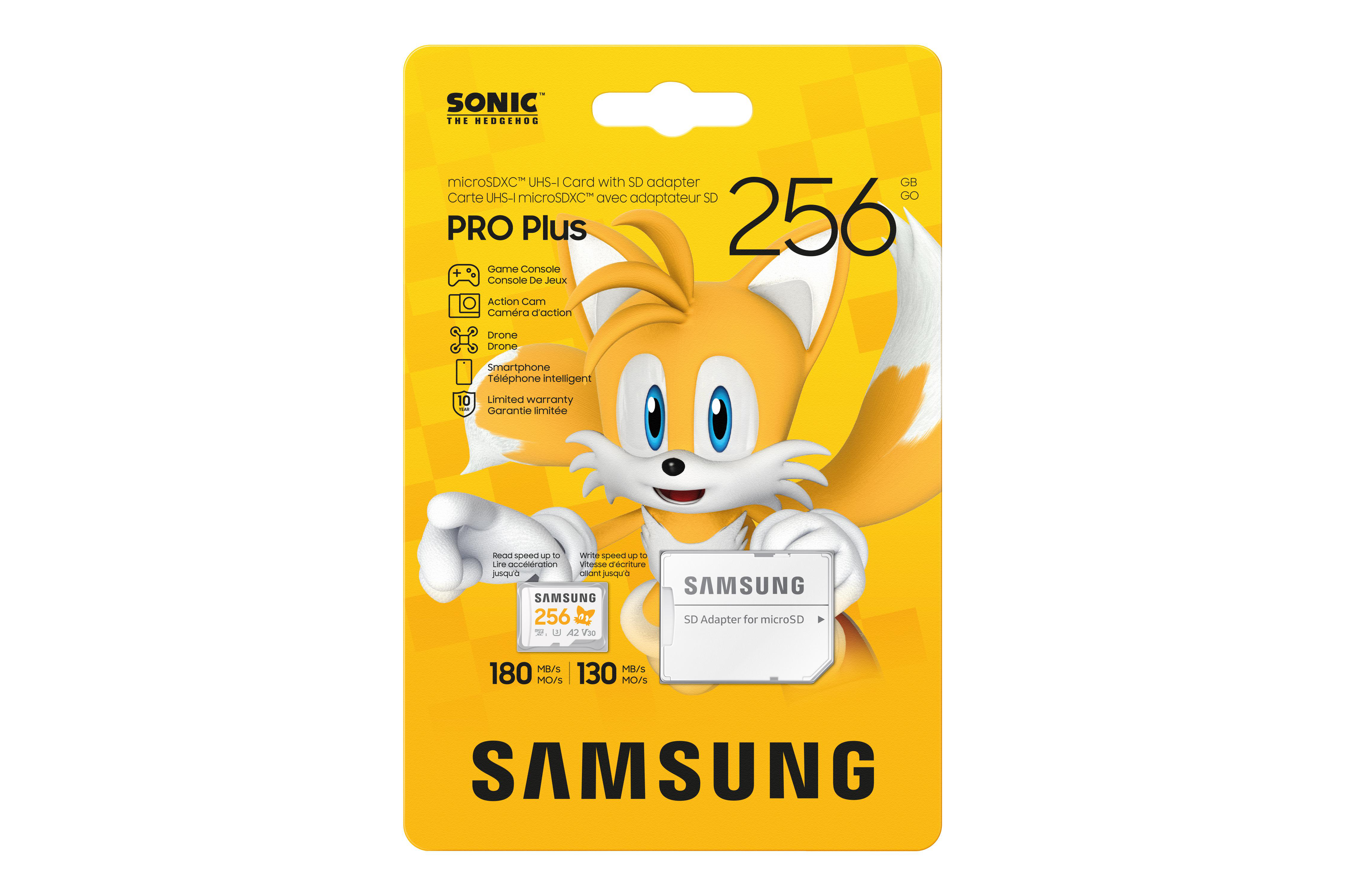 Eine SD-Kartenverpackung im Sonic-Design mit Tails dem Fuchs und einer 256GB Karte.