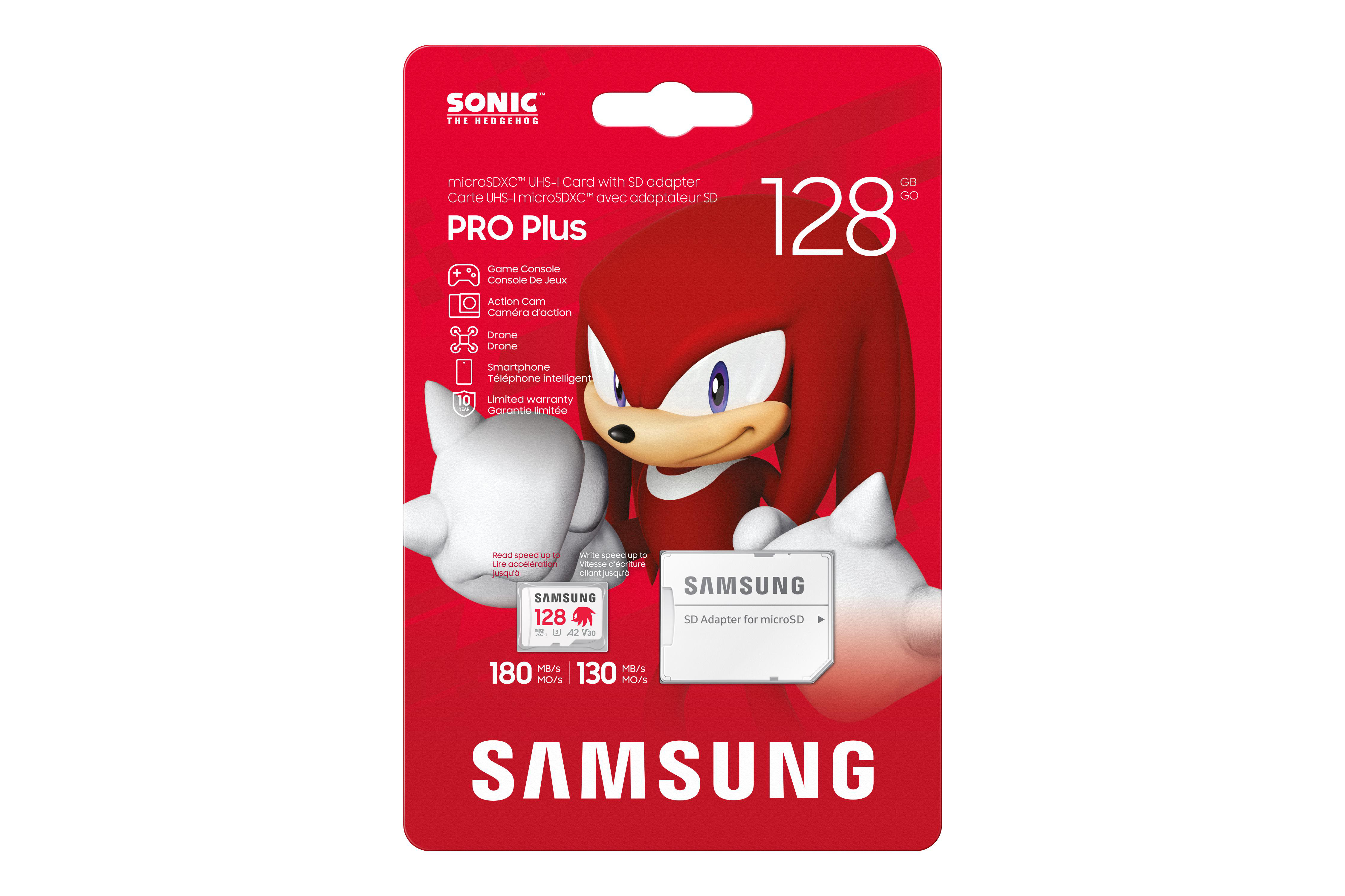 Samsung 128GB microSD-Karte mit Knuckles the Echidna auf der Verpackung.