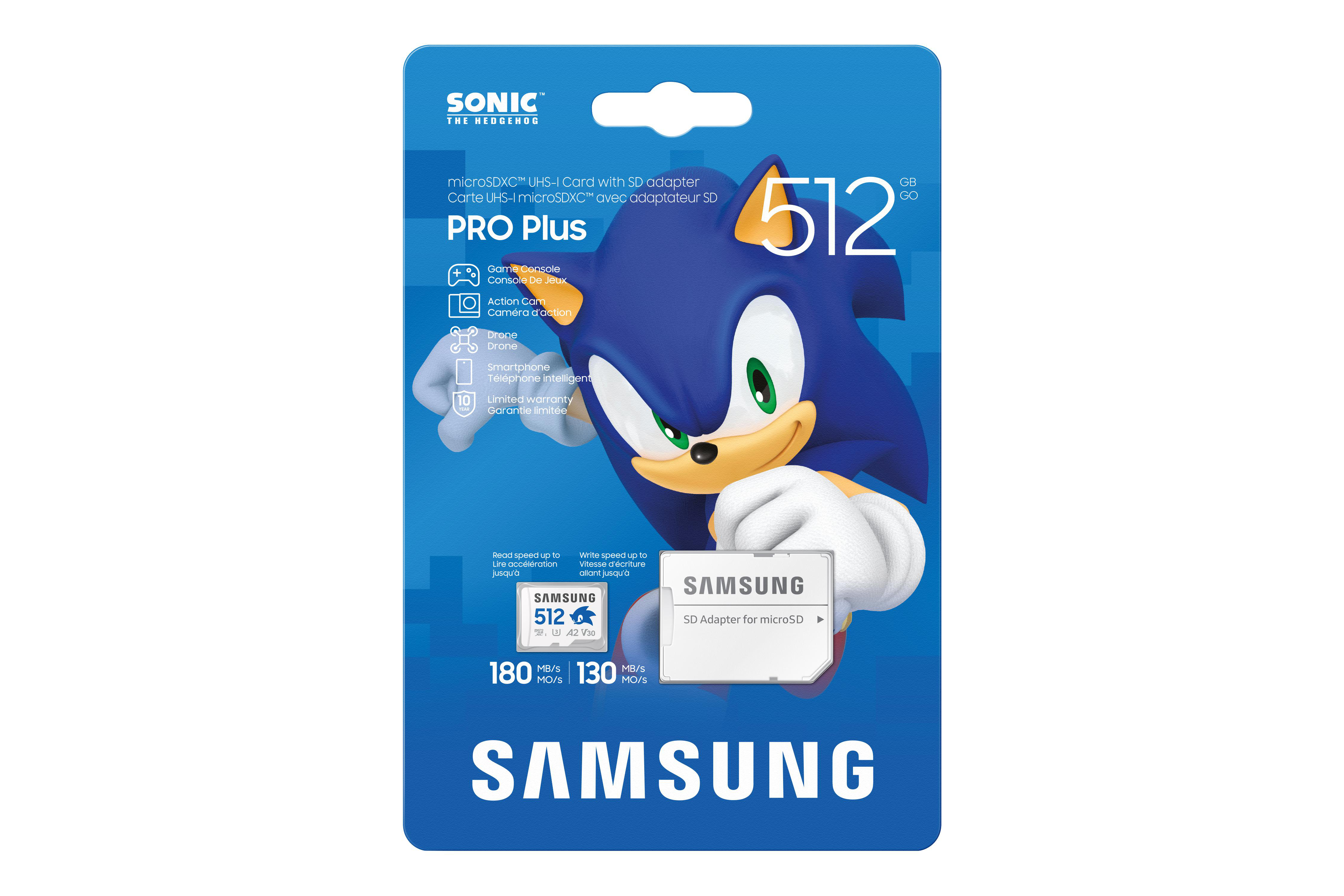 SD-Karten-Verpackung mit Sonic the Hedgehog, mit einer Samsung 512GB Pro Plus SD-Karte.