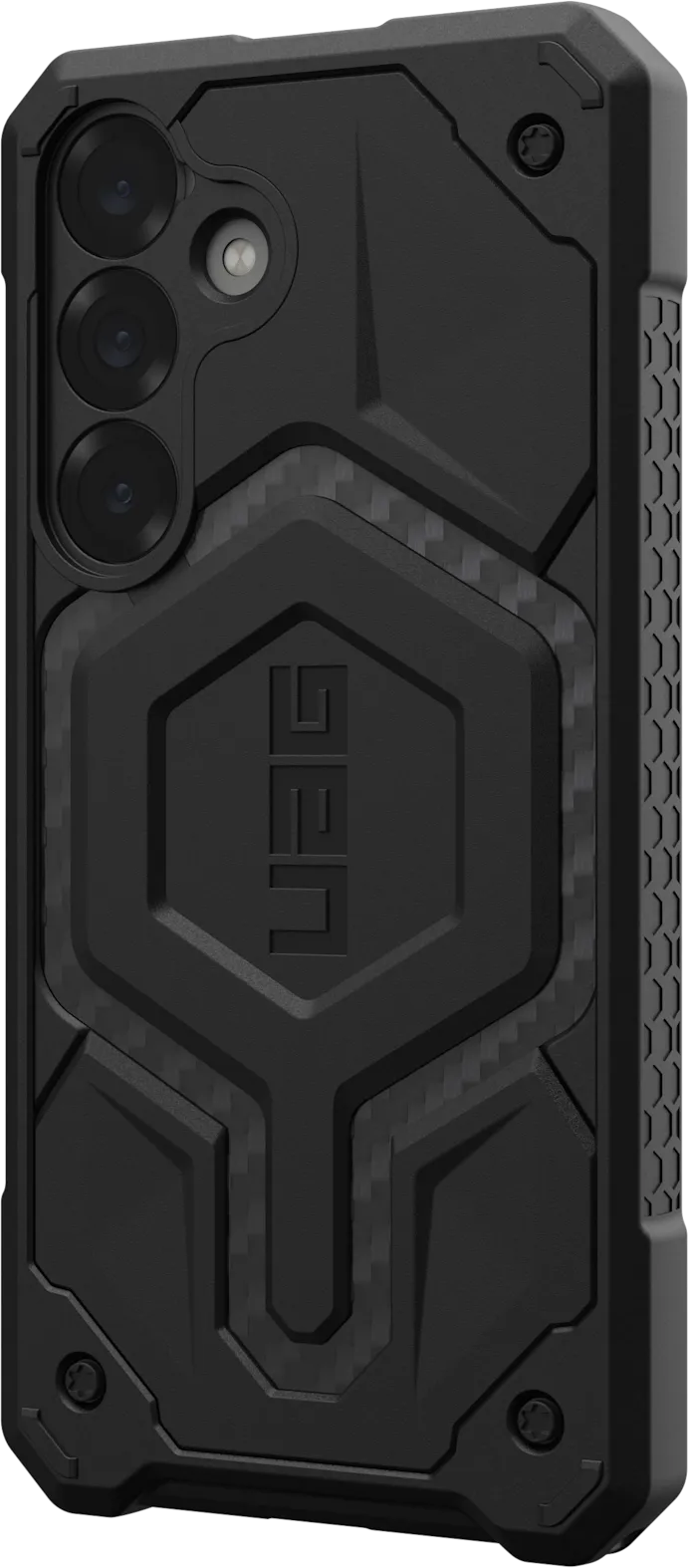 Coque de téléphone noire sur fond blanc, avec un design texturé.