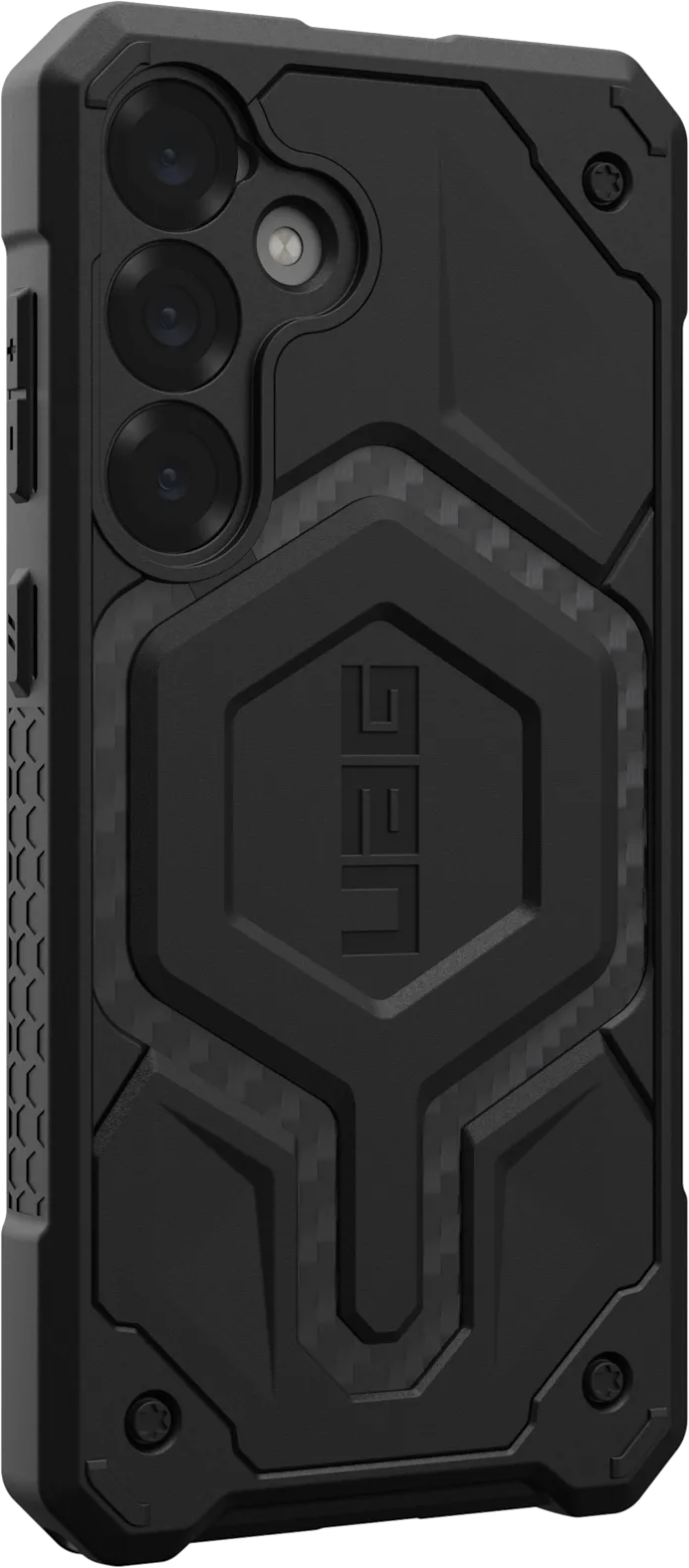Coque de téléphone noire avec logo UAG au dos et design texturé.