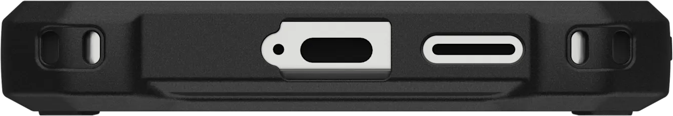 Coque de téléphone noire avec port de charge et trous pour haut-parleurs.