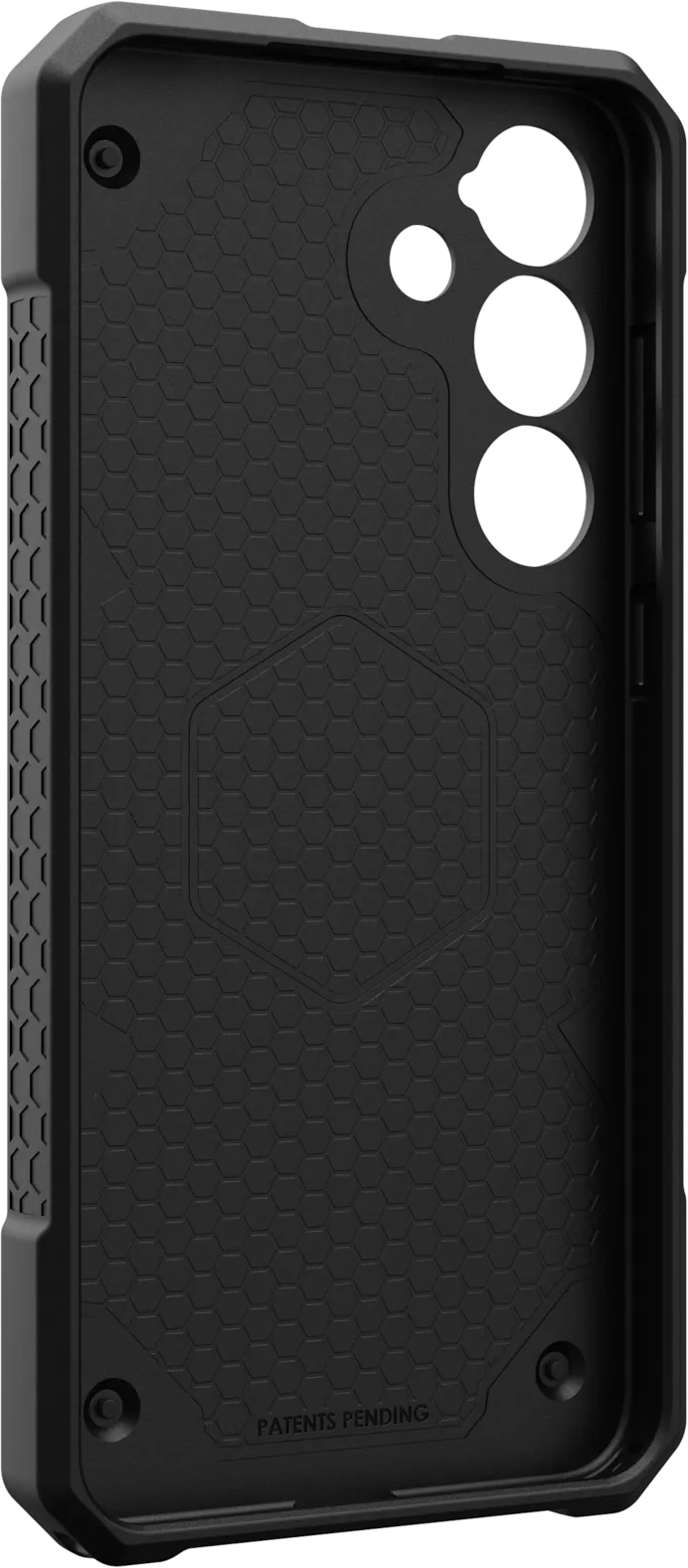 Intérieur d'étui de téléphone noir avec motif hexagonal et découpes pour la caméra.