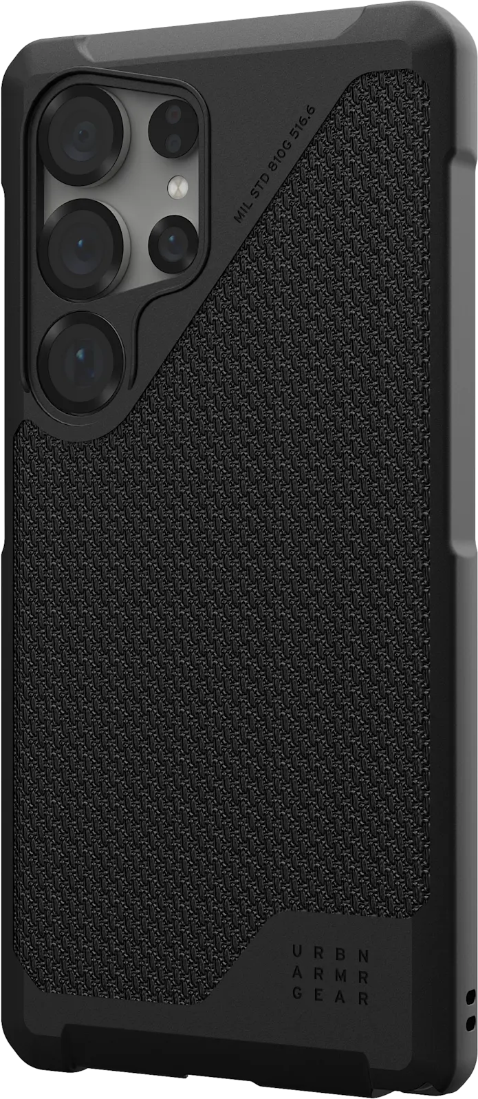 Une coque de téléphone noire avec un motif texturé et la marque "URBAN ARMOR GEAR".