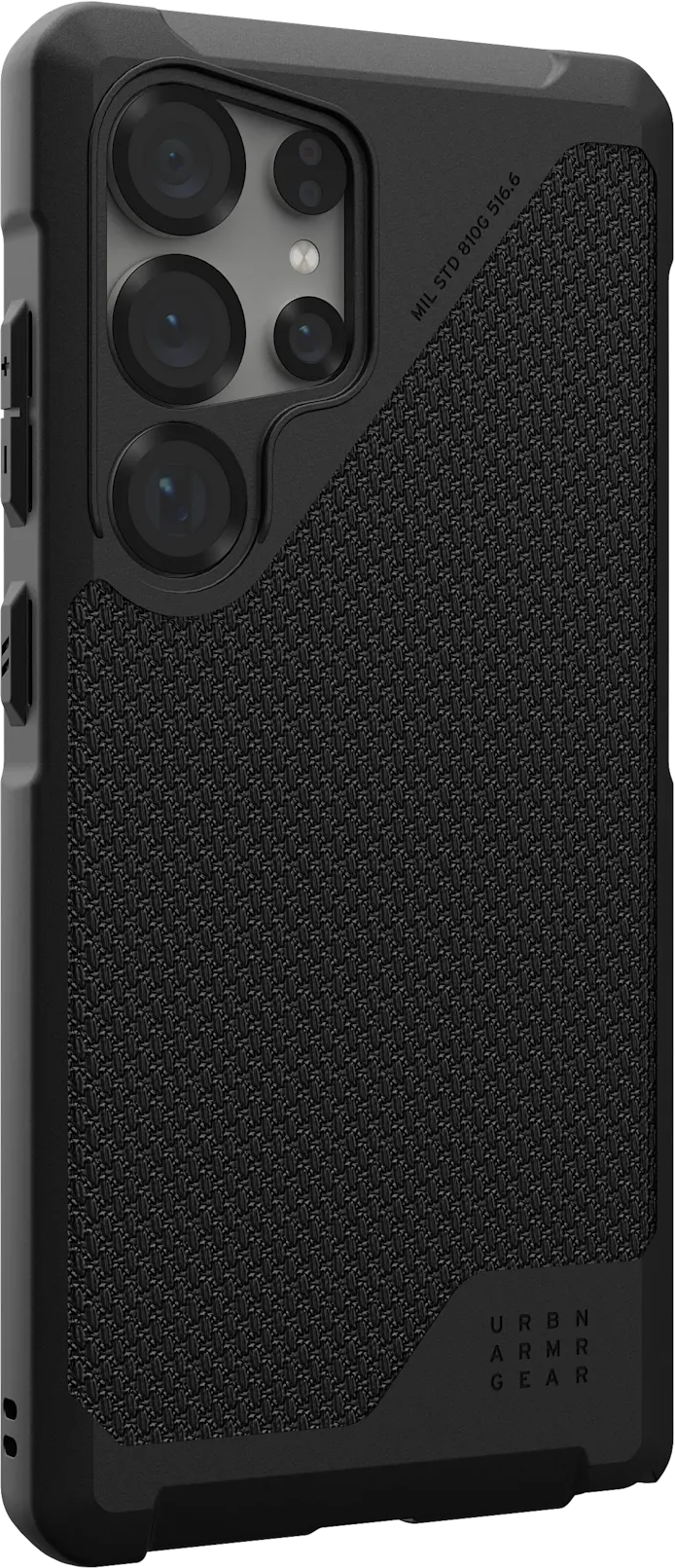 Une coque de téléphone noire avec un dos texturé. La coque a des découpes pour caméra et logo.