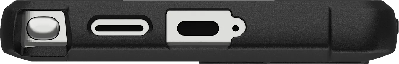Coque de téléphone noire avec port de charge, trous pour haut-parleurs et un bouton.