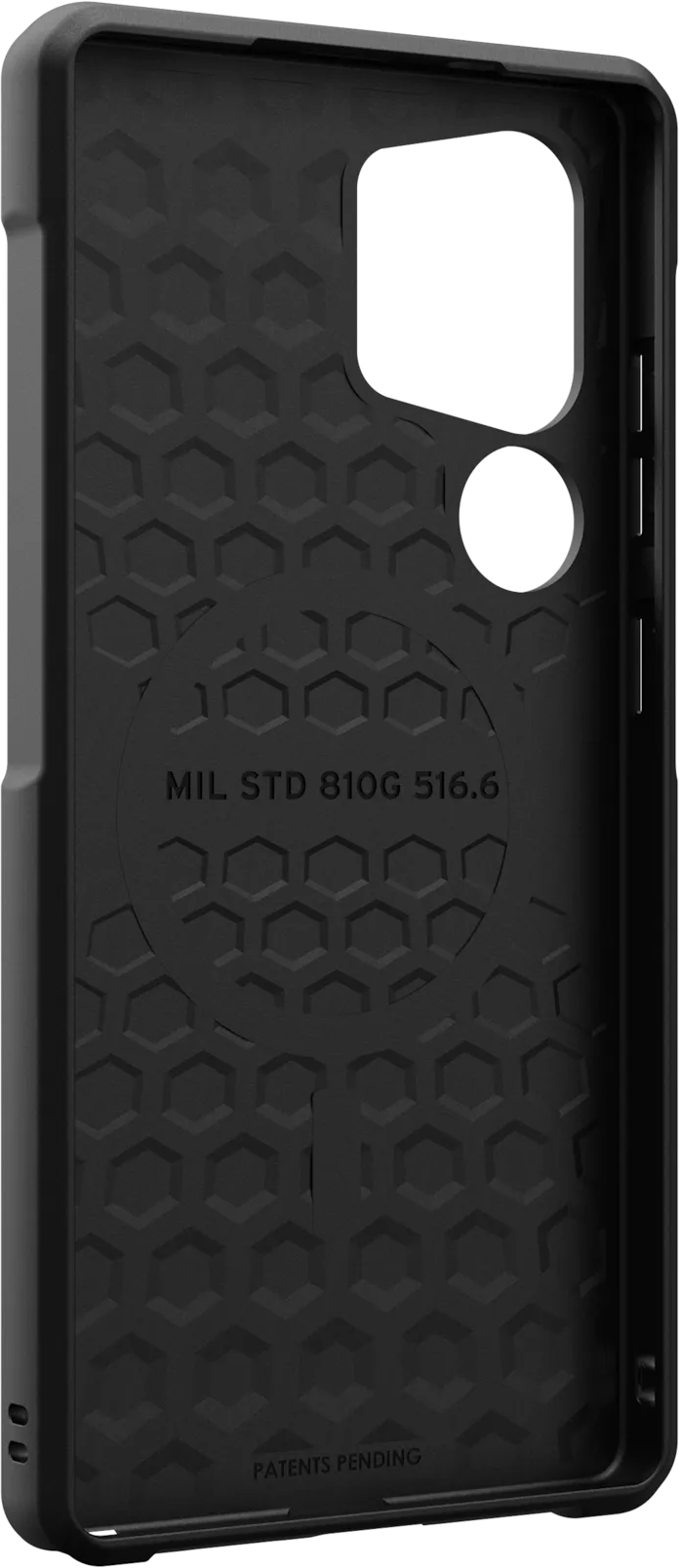 Intérieur d'étui de téléphone noir avec motif hexagonal et texte. L'étui a des trous pour la caméra du téléphone.