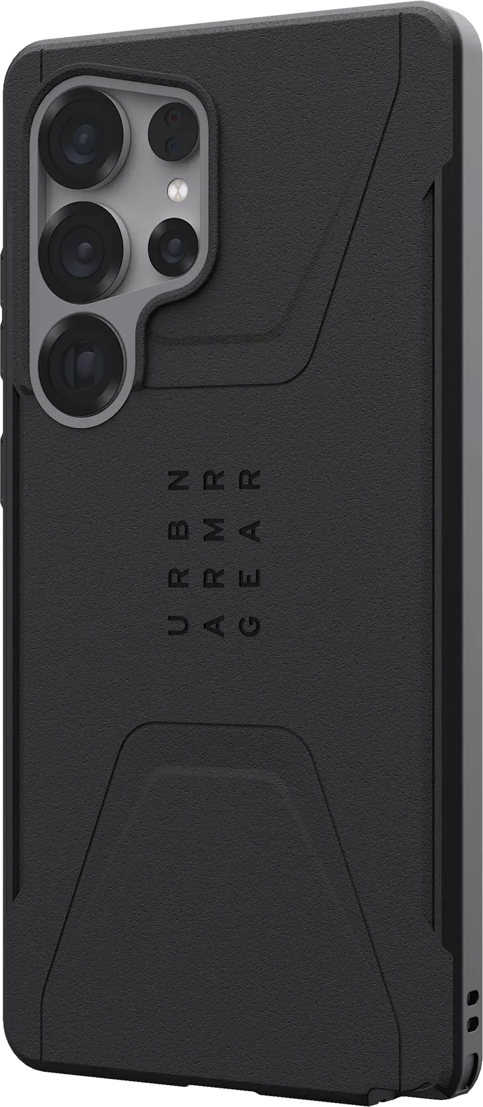 Coque de téléphone noire avec le texte 'URBAN ARMOR GEAR' et les caméras du téléphone.