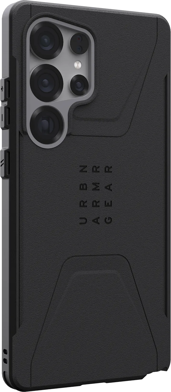 Téléphone noir dans un étui noir et gris, montrant les lentilles de la caméra.