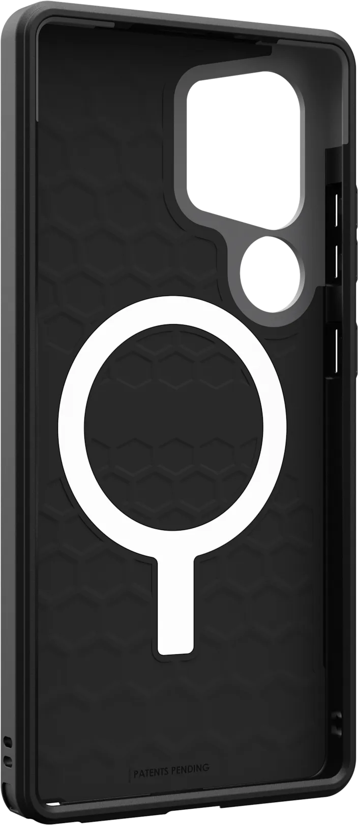 Intérieur d'étui de téléphone noir. Montrant un cercle MagSafe blanc et un design texturé.