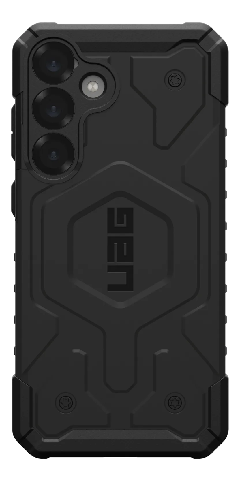 Coque de téléphone UAG noire, montrant l'arrière du téléphone avec trois objectifs d'appareil photo.