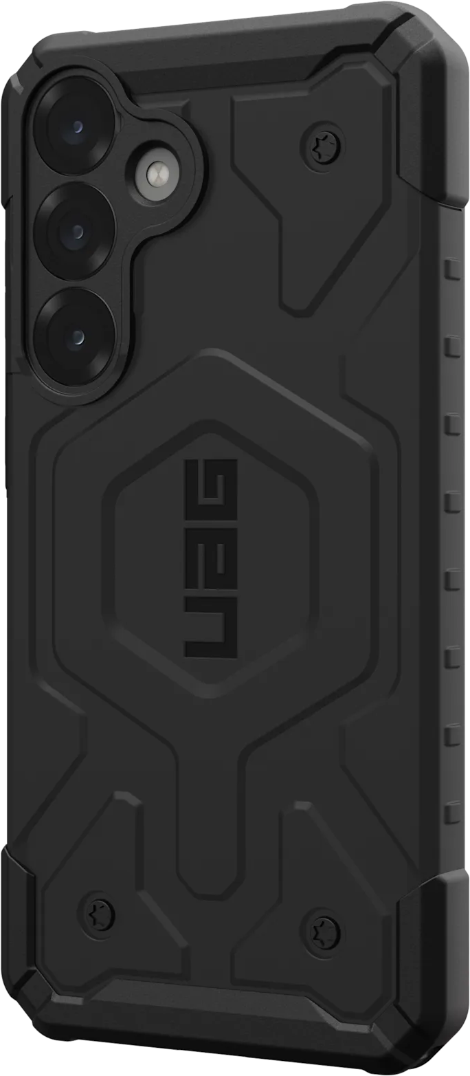 Coque de téléphone noire avec logo UAG et détails de vis. La coque a un design géométrique texturé.