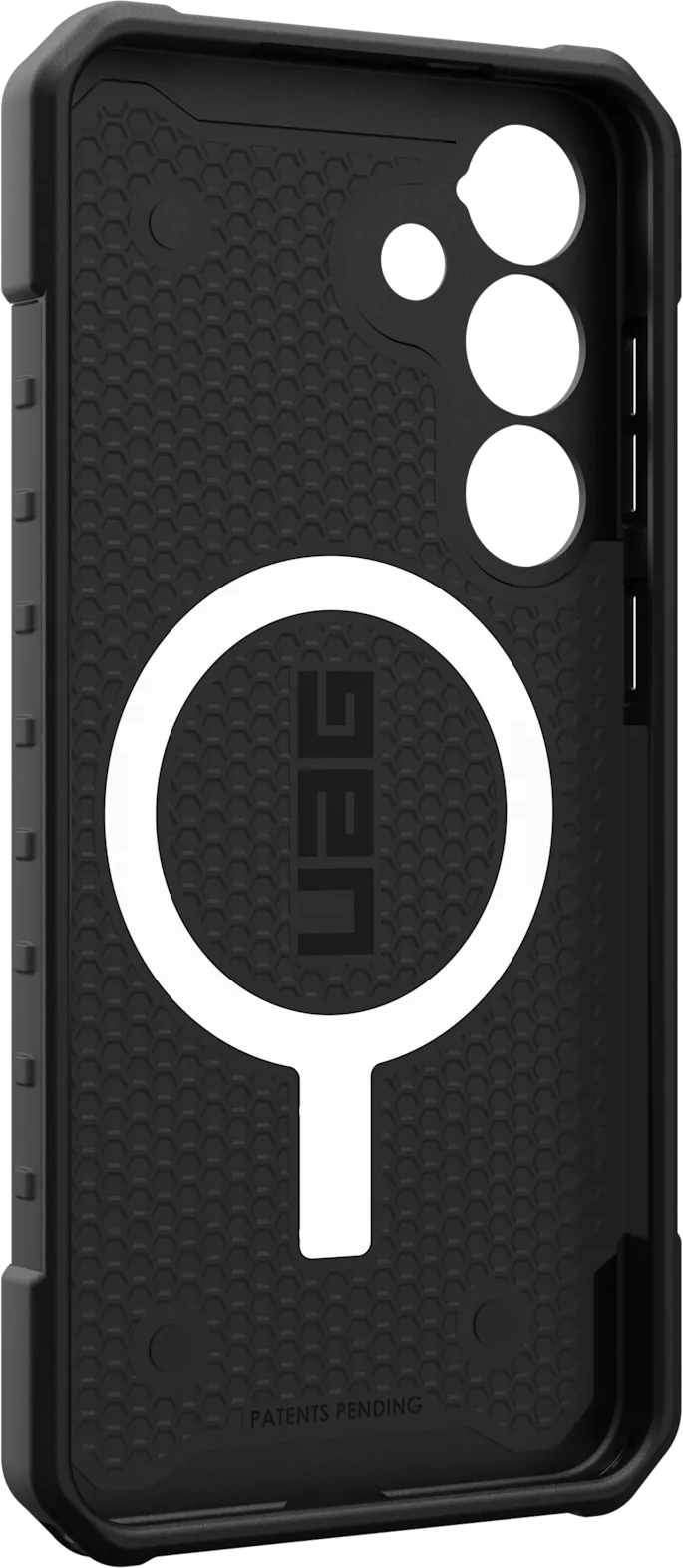 Coque de téléphone noire avec un design circulaire blanc et le logo UAG.
