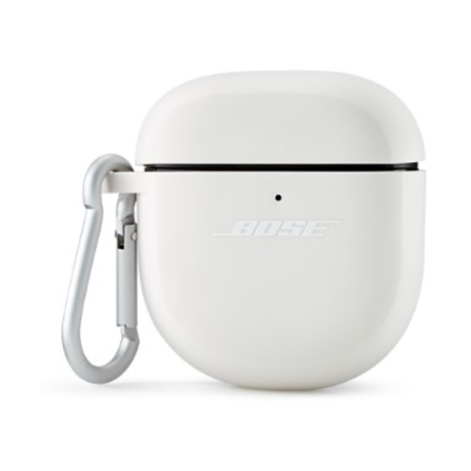 Custodia bianca per auricolari Bose con clip argentata. Il logo Bose è visibile sulla parte anteriore.