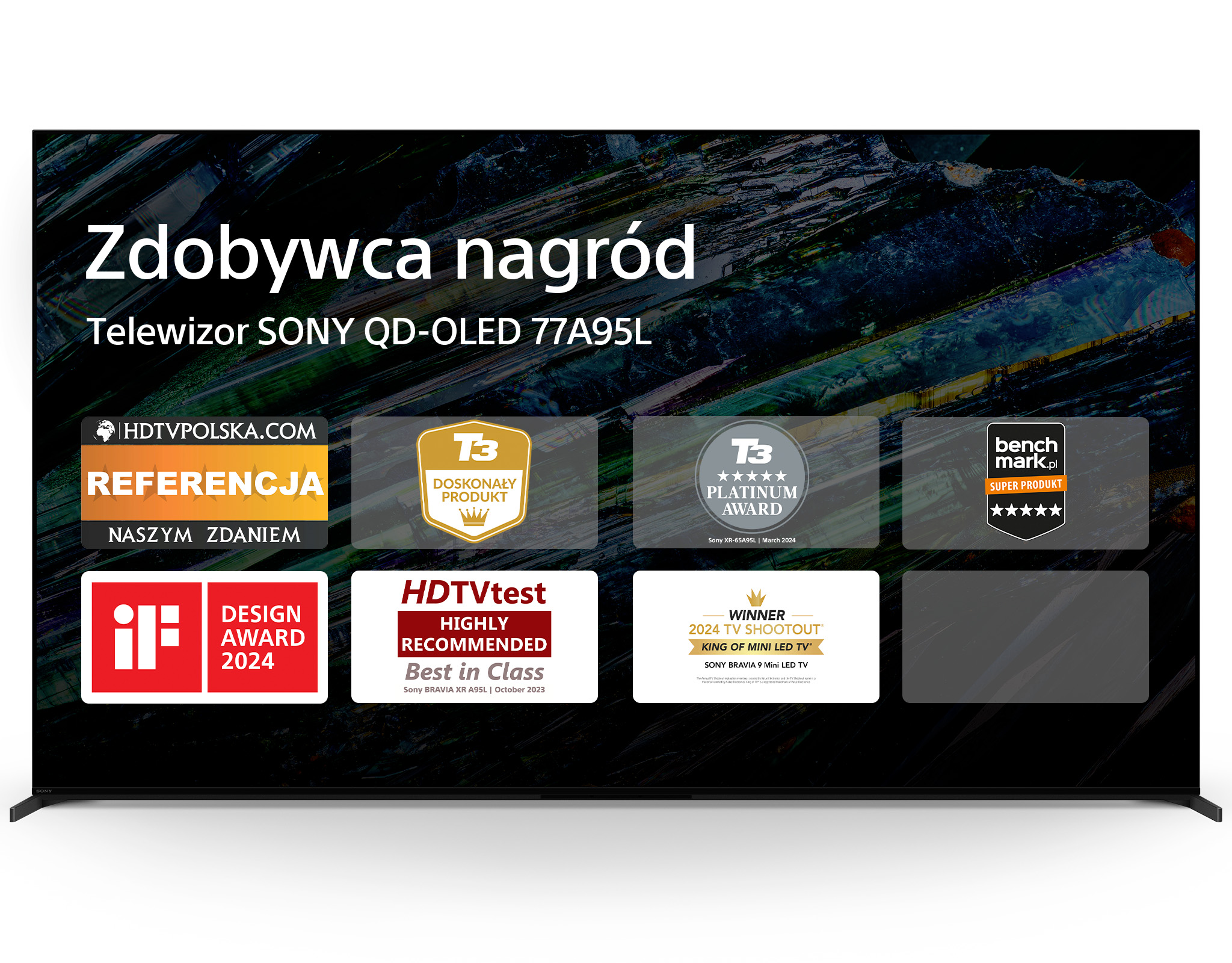 Telewizor z szerokim ekranem z wieloma logo nagród, białe tło i tekst: Zdobywca nagród.