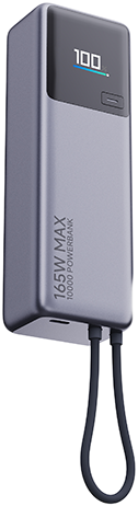 Szürke power bank, '100'-at mutató kijelzővel, két fekete kábellel.