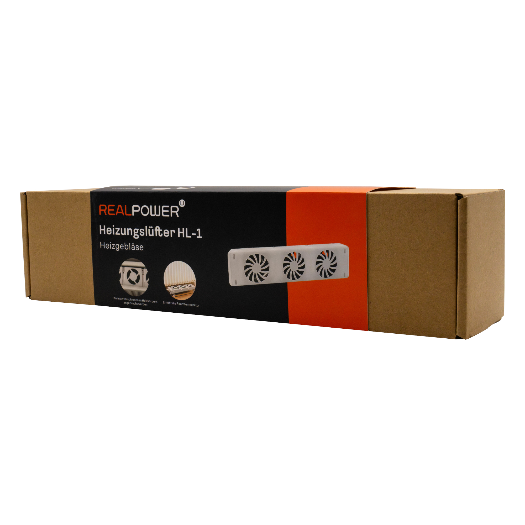 Karton mit REALPOWER-Branding. Enthält einen Heizlüfter, mit einem Bild des Lüfters auf der Box.