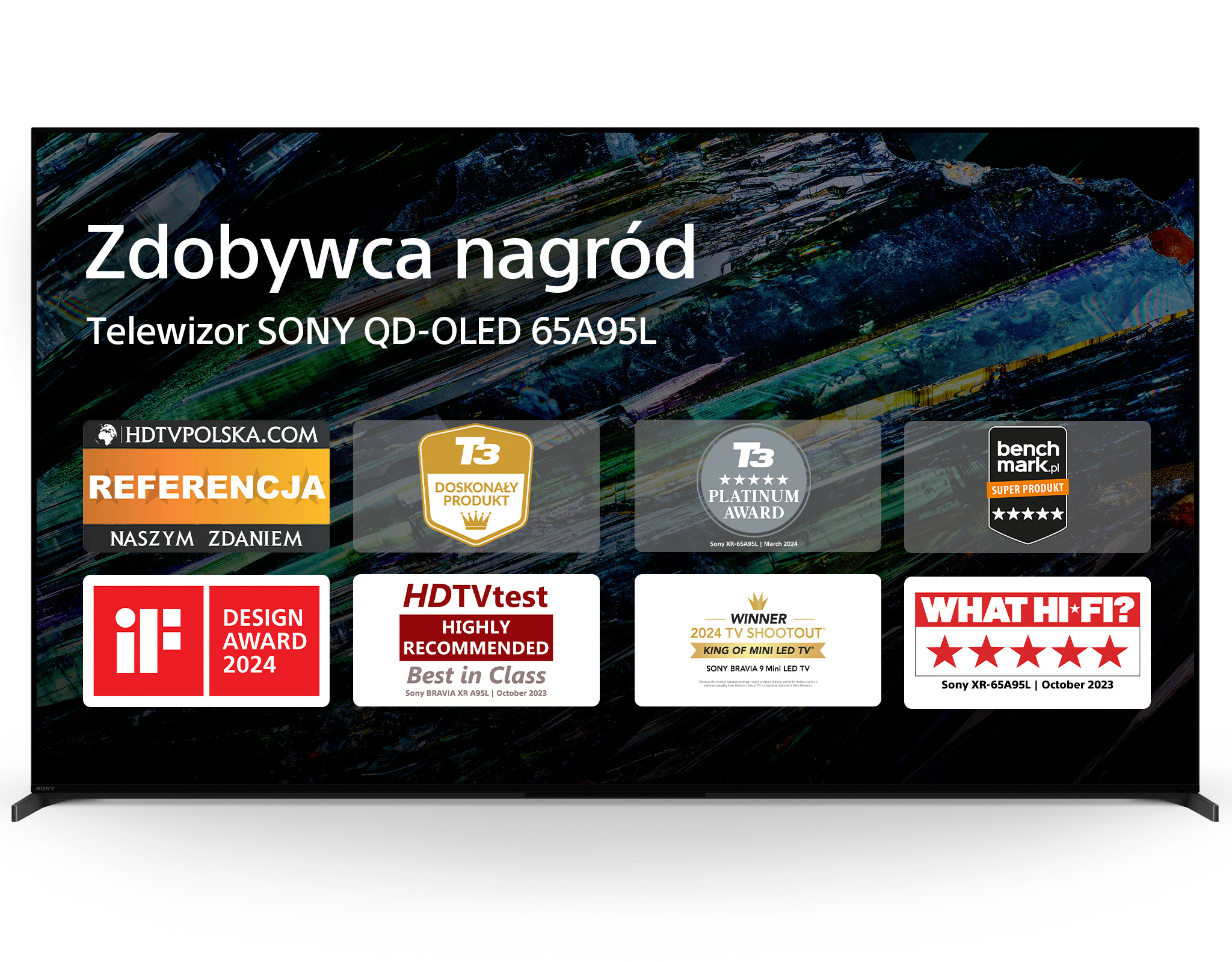 Telewizor Sony QD-OLED 65A95L z logo nagród. U góry tekst: 'Zdobywca nagród'.