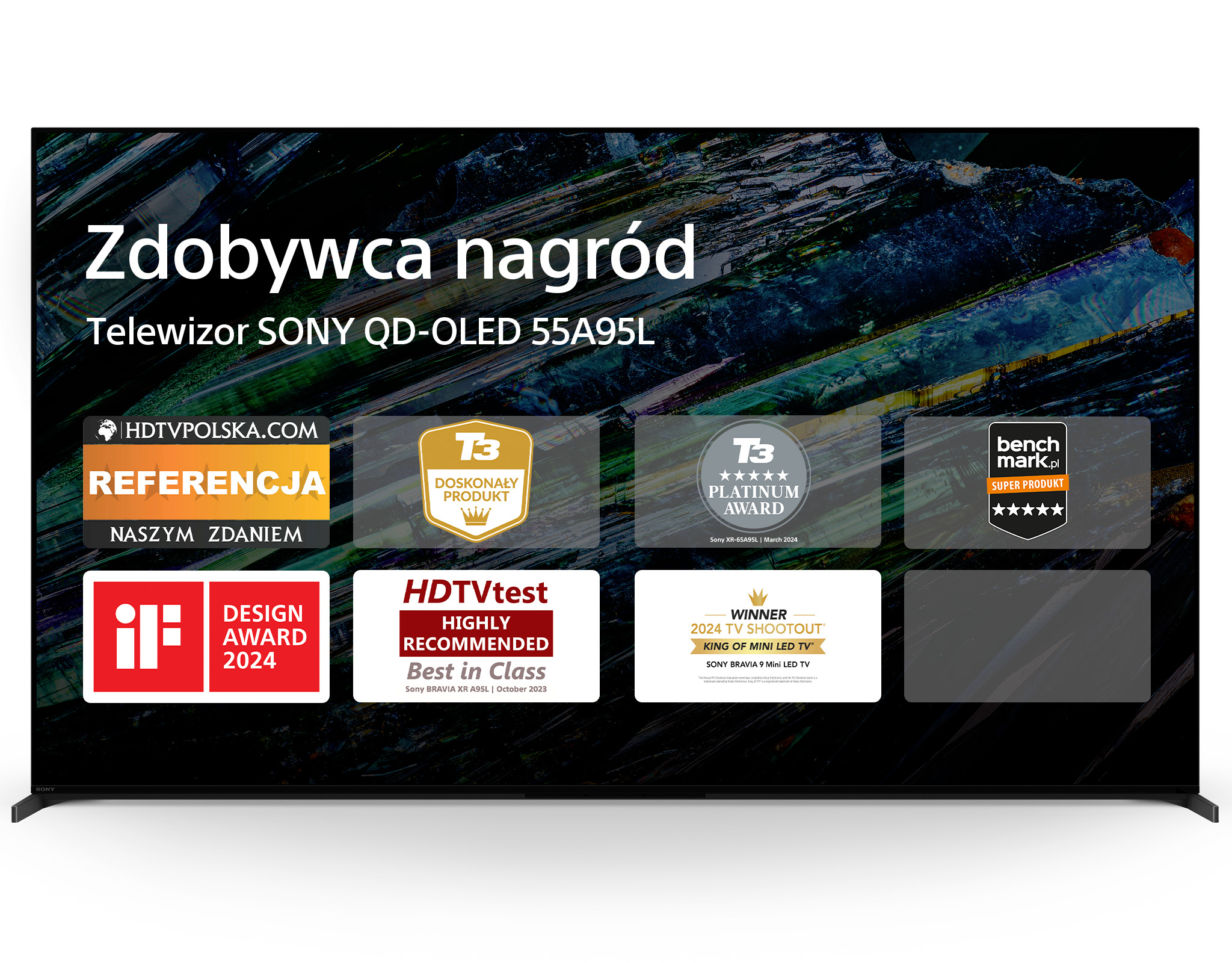Ekran telewizora. Nagrody wyświetlane na ekranie. Czarna ramka. Białe tło.