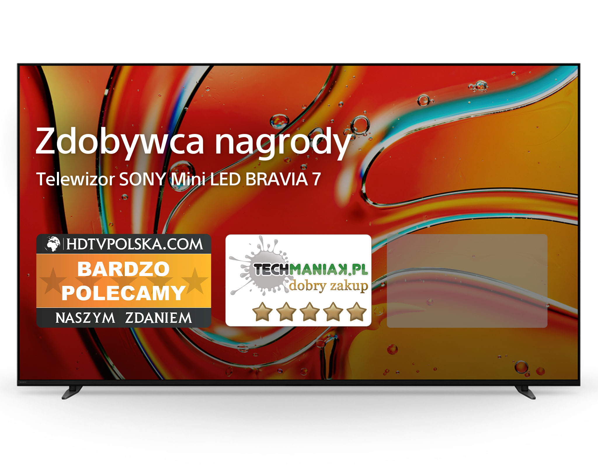 Duży ekran telewizora z tekstem i logo. Telewizor wyświetla kolorowe abstrakcyjne wzory.