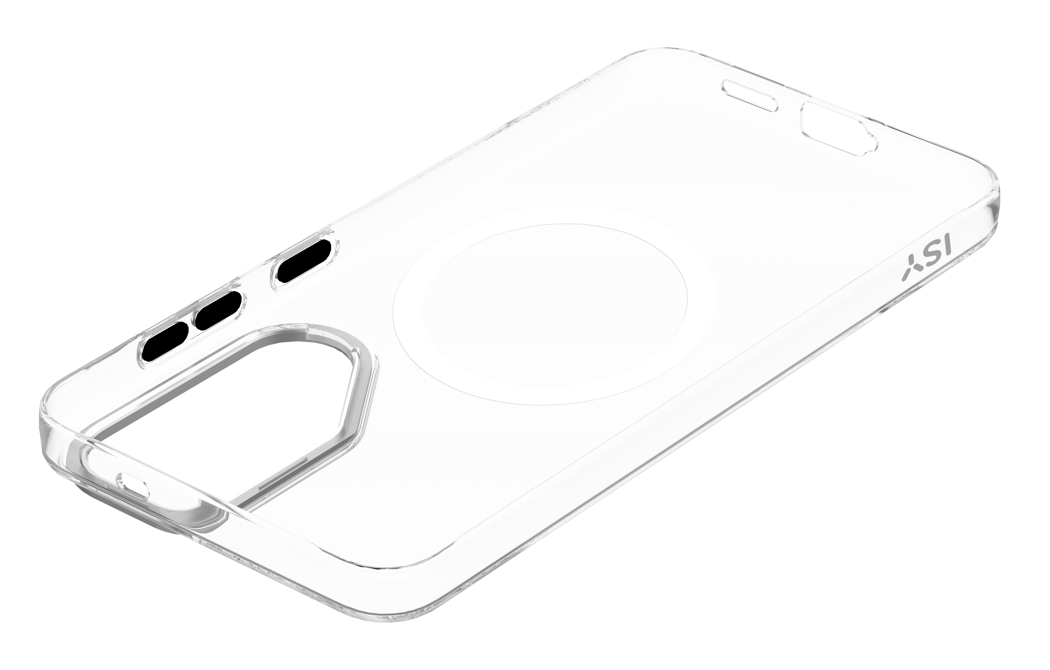 Transparente Handyhülle mit kreisförmigem Magneten und Knopfausschnitten.