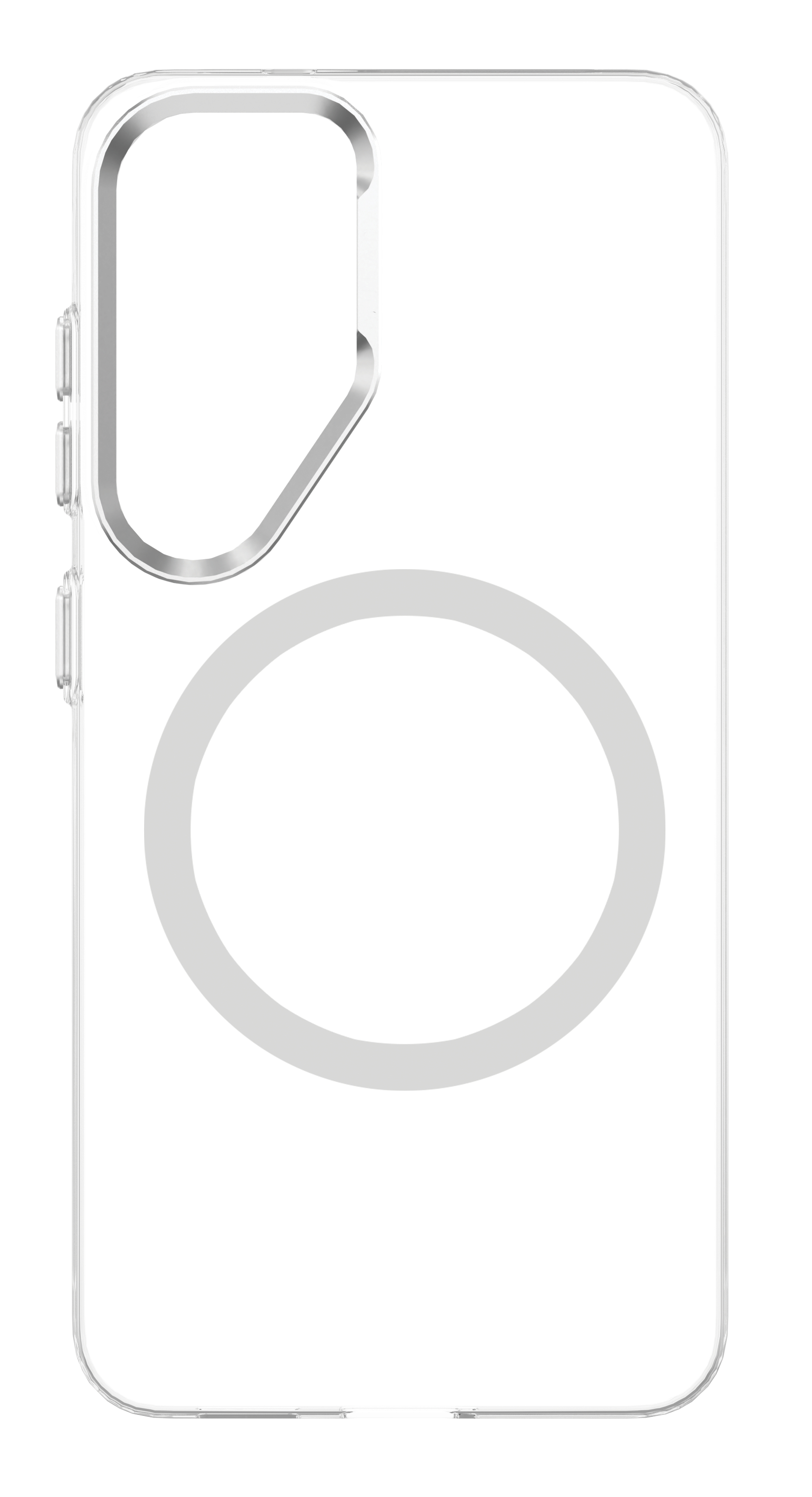 Eine transparente Handyhülle mit einem kreisförmigen magnetischen Ladebereich.