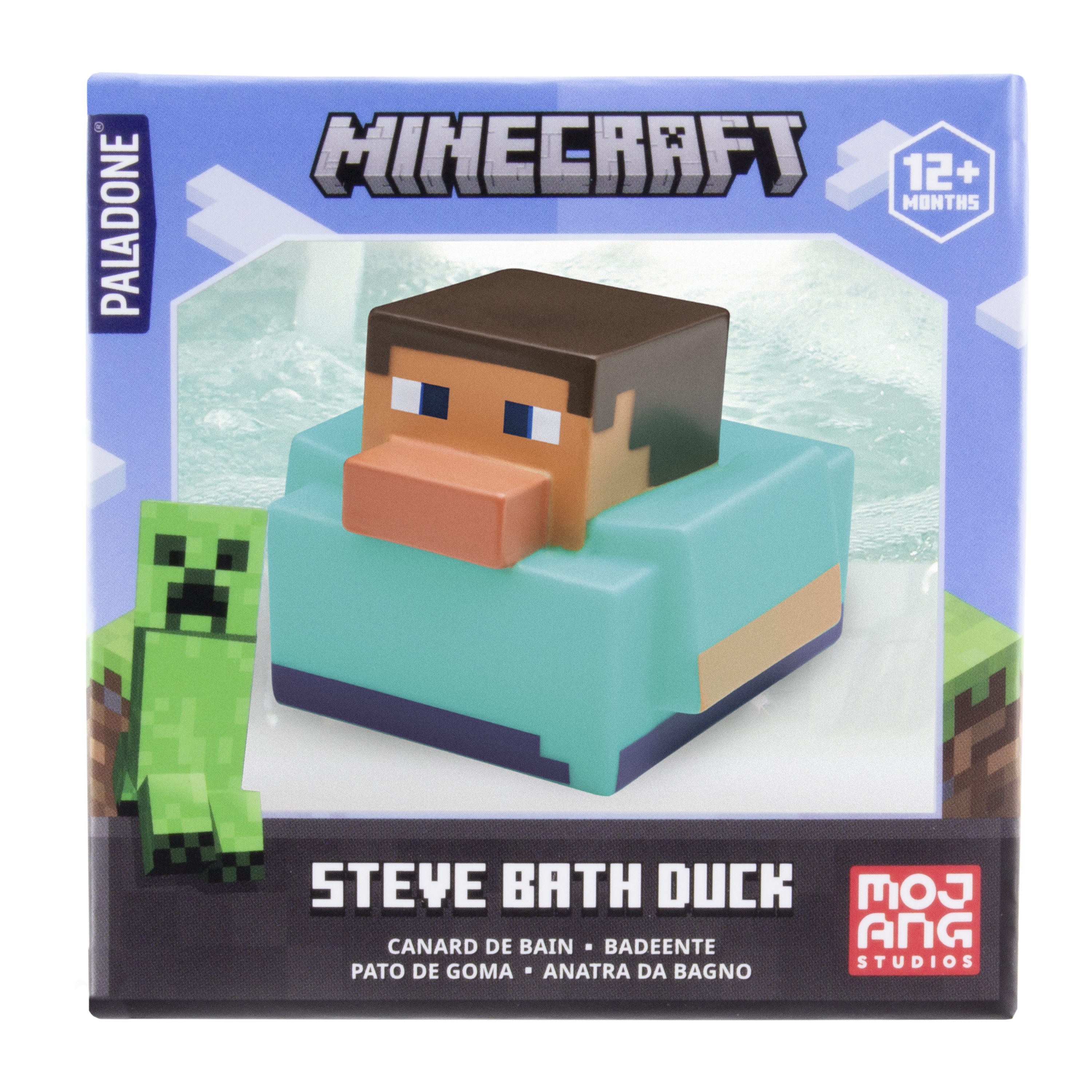 Steve-Badeente in einer Minecraft-Box. Die Ente ist blau und hat Steves Gesicht. Grüner Creeper auf der Box.