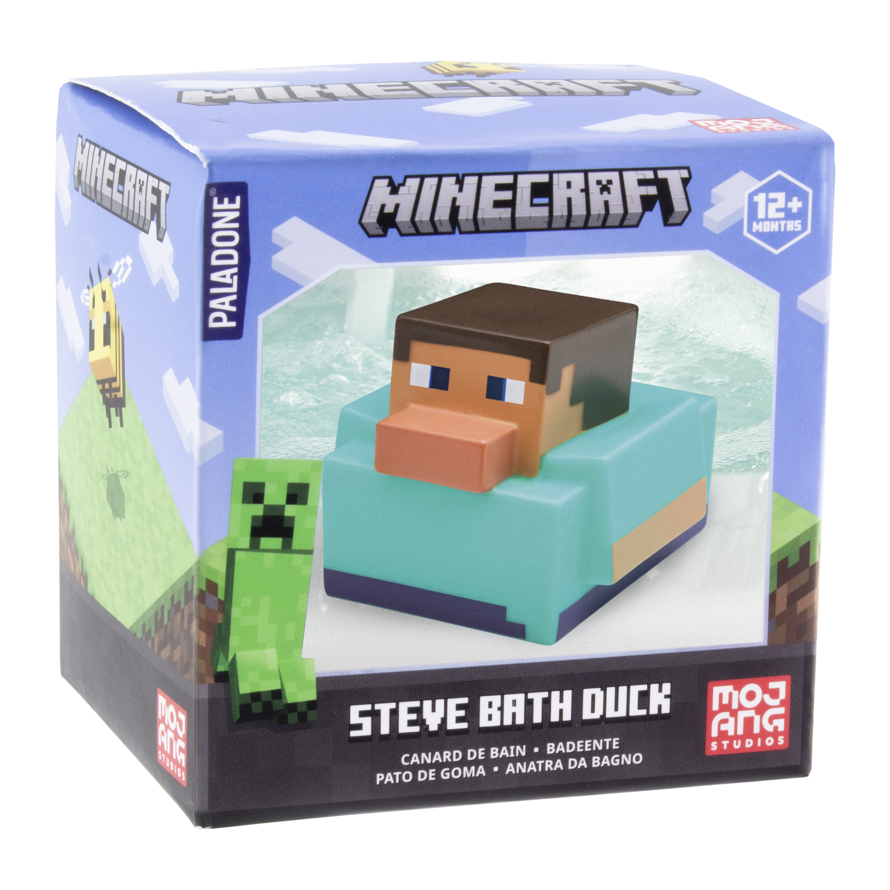 Minecraft Steve Badeenten-Spielzeug in einer Box mit Creeper- und Bienen-Illustrationen.